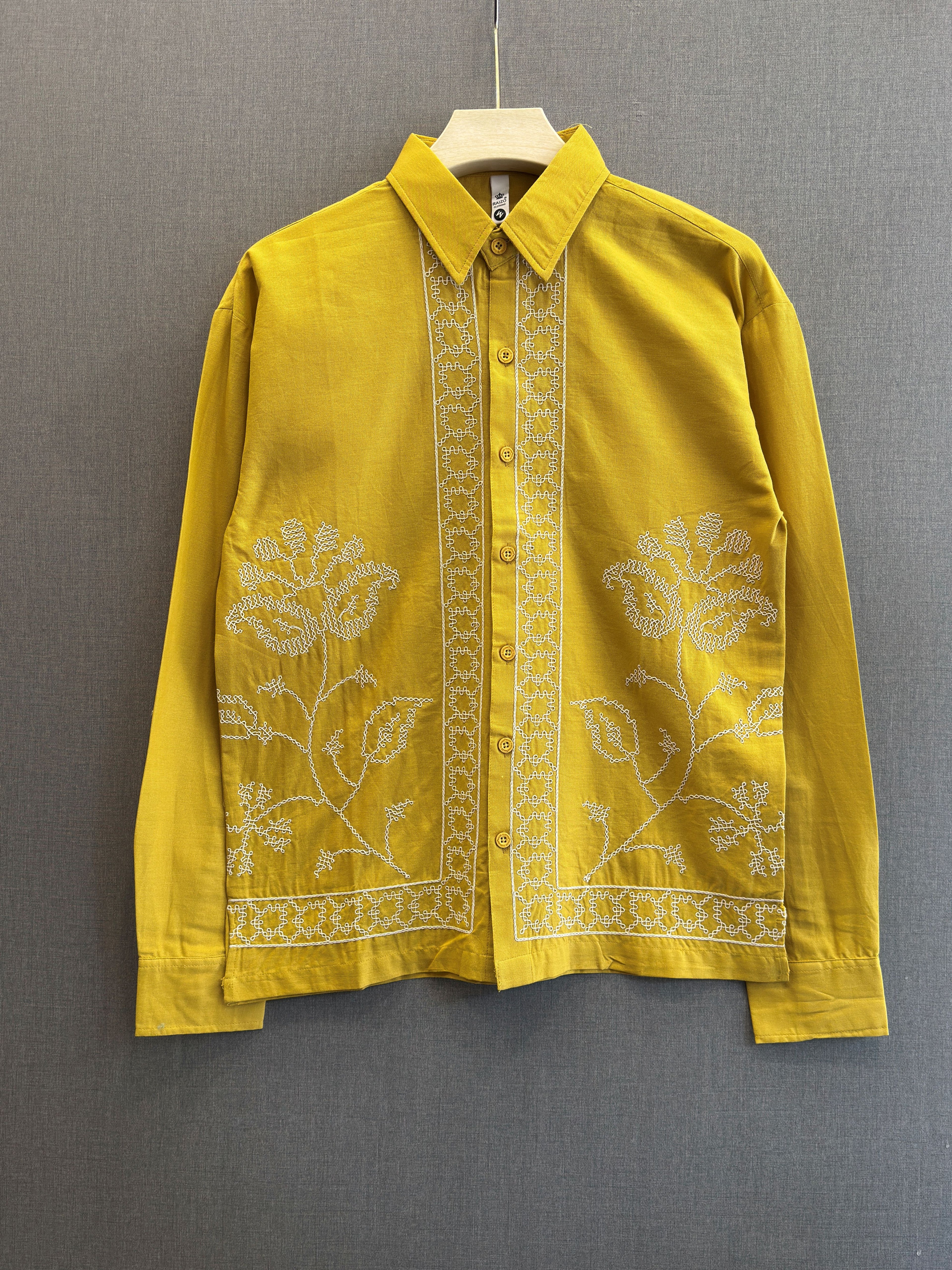 Mustard Floral Embroidered Linen Shirt