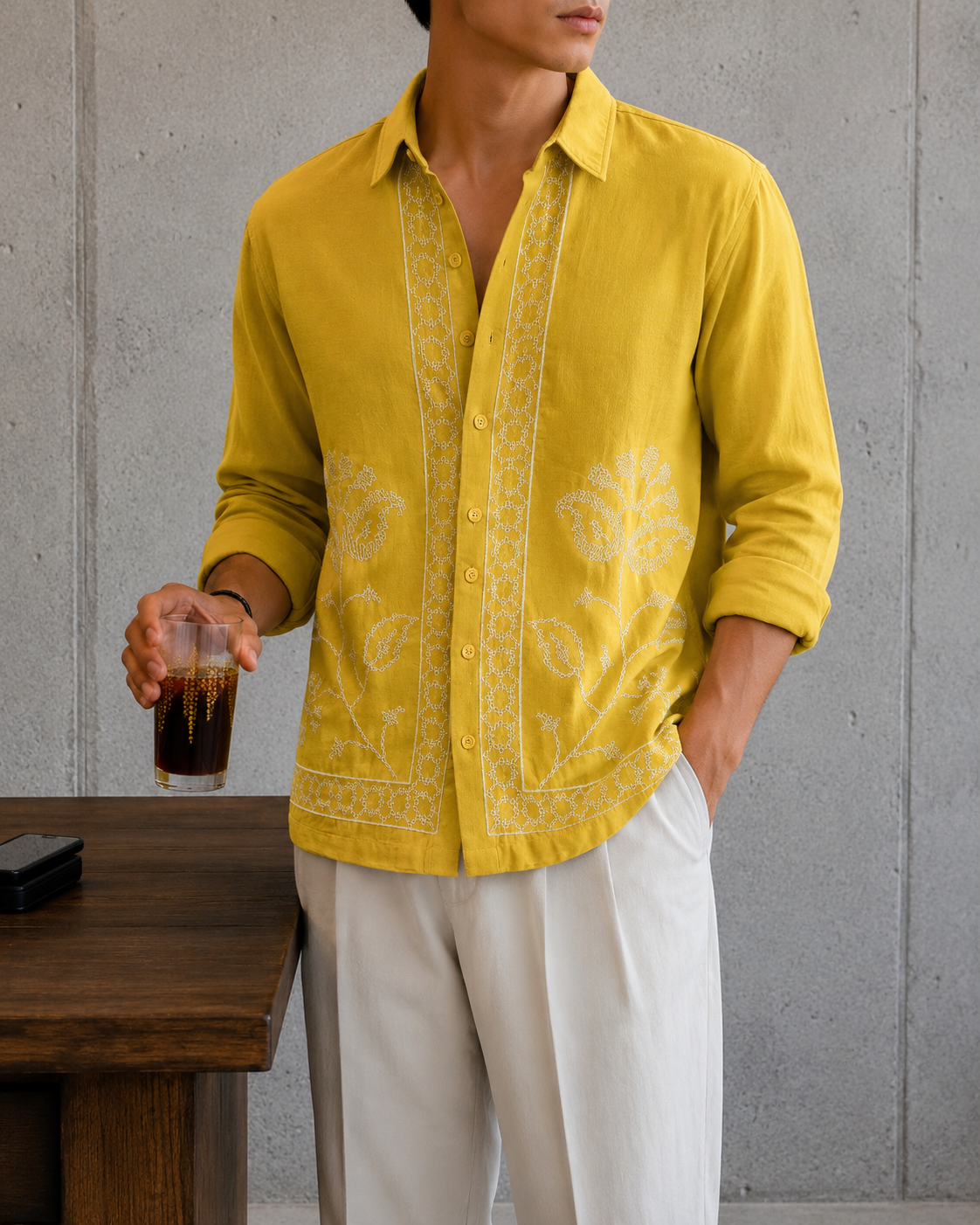 Mustard Floral Embroidered Linen Shirt