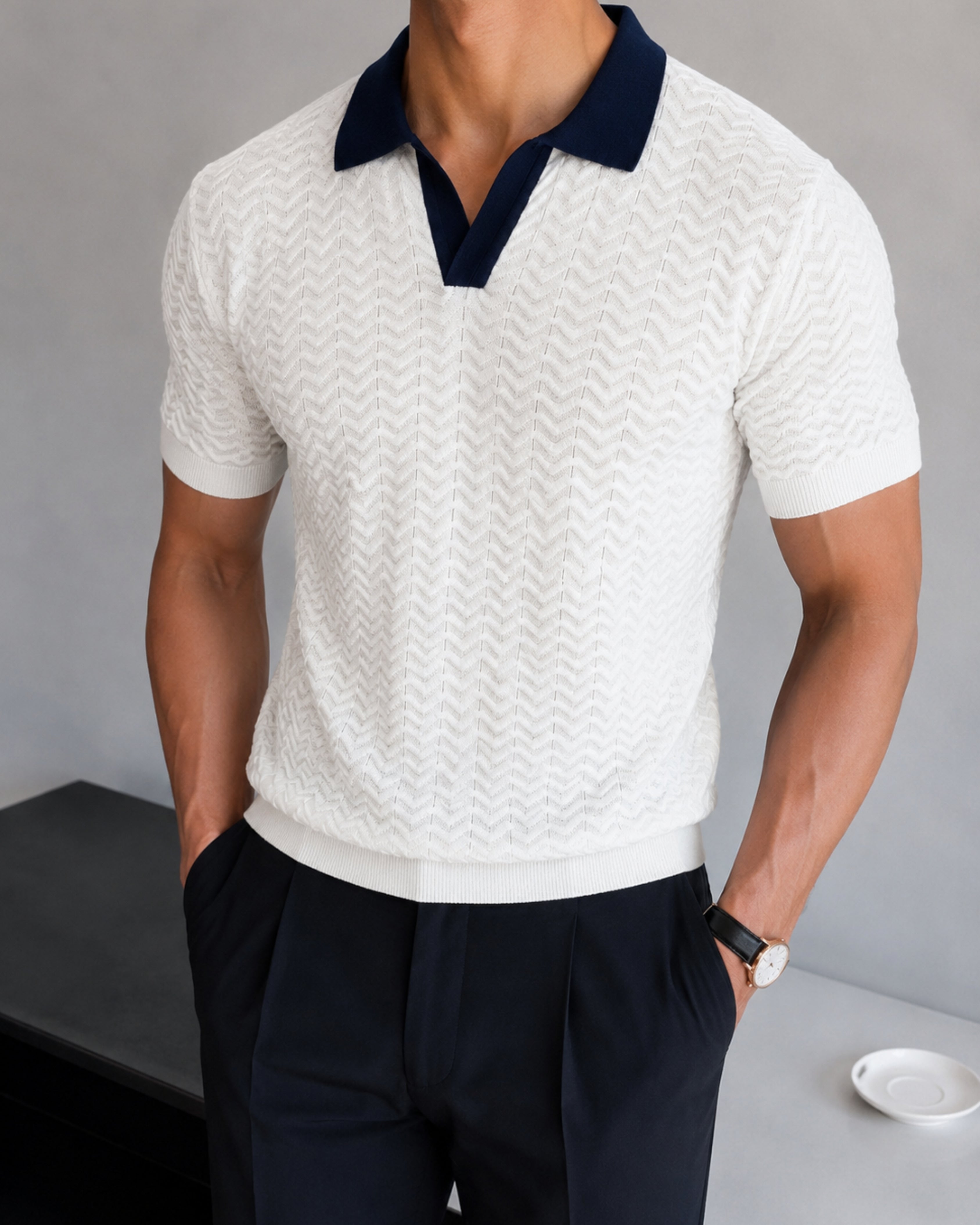 Wave Knit Polo - Ivory White