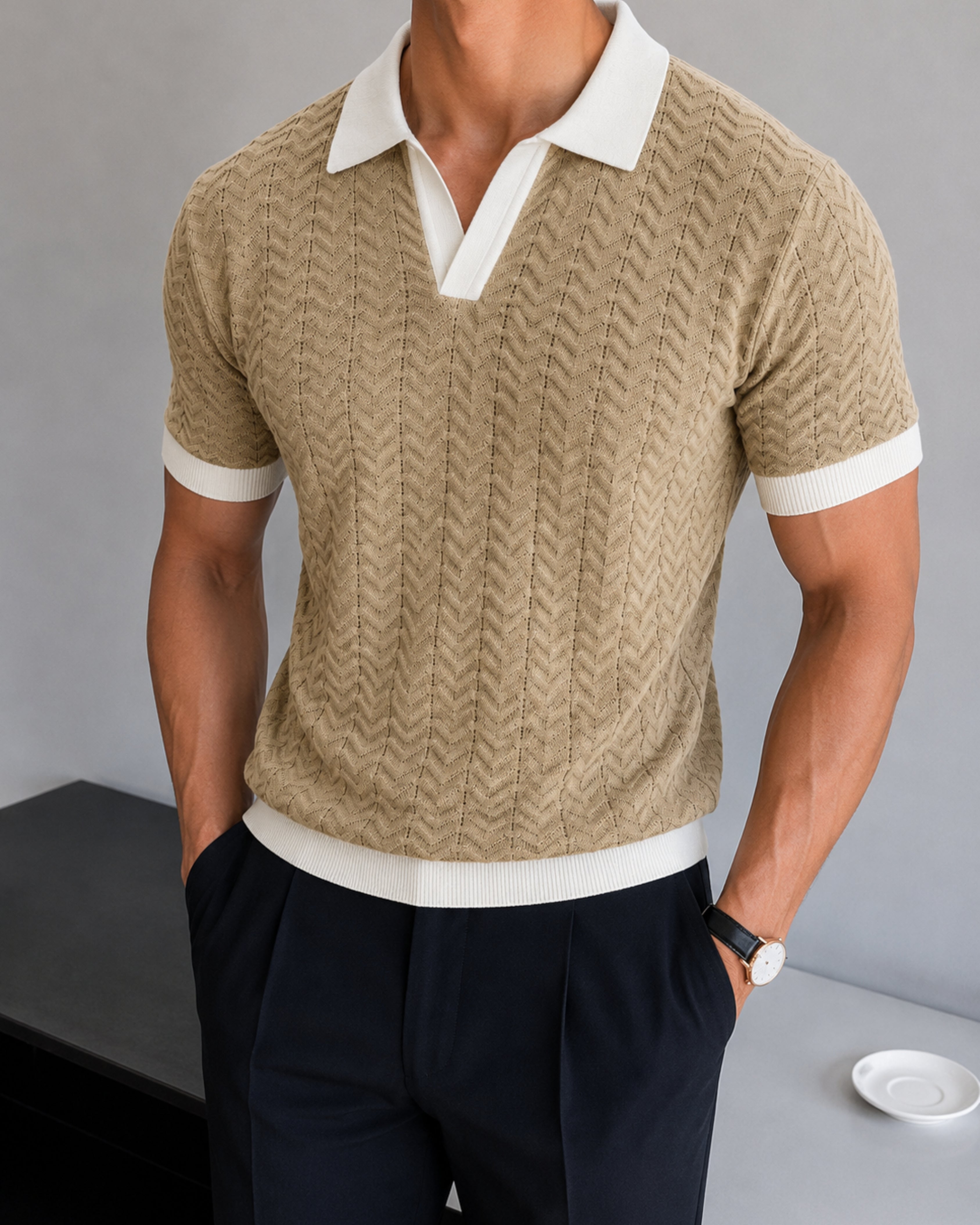Wave Knit Polo - Sand Beige