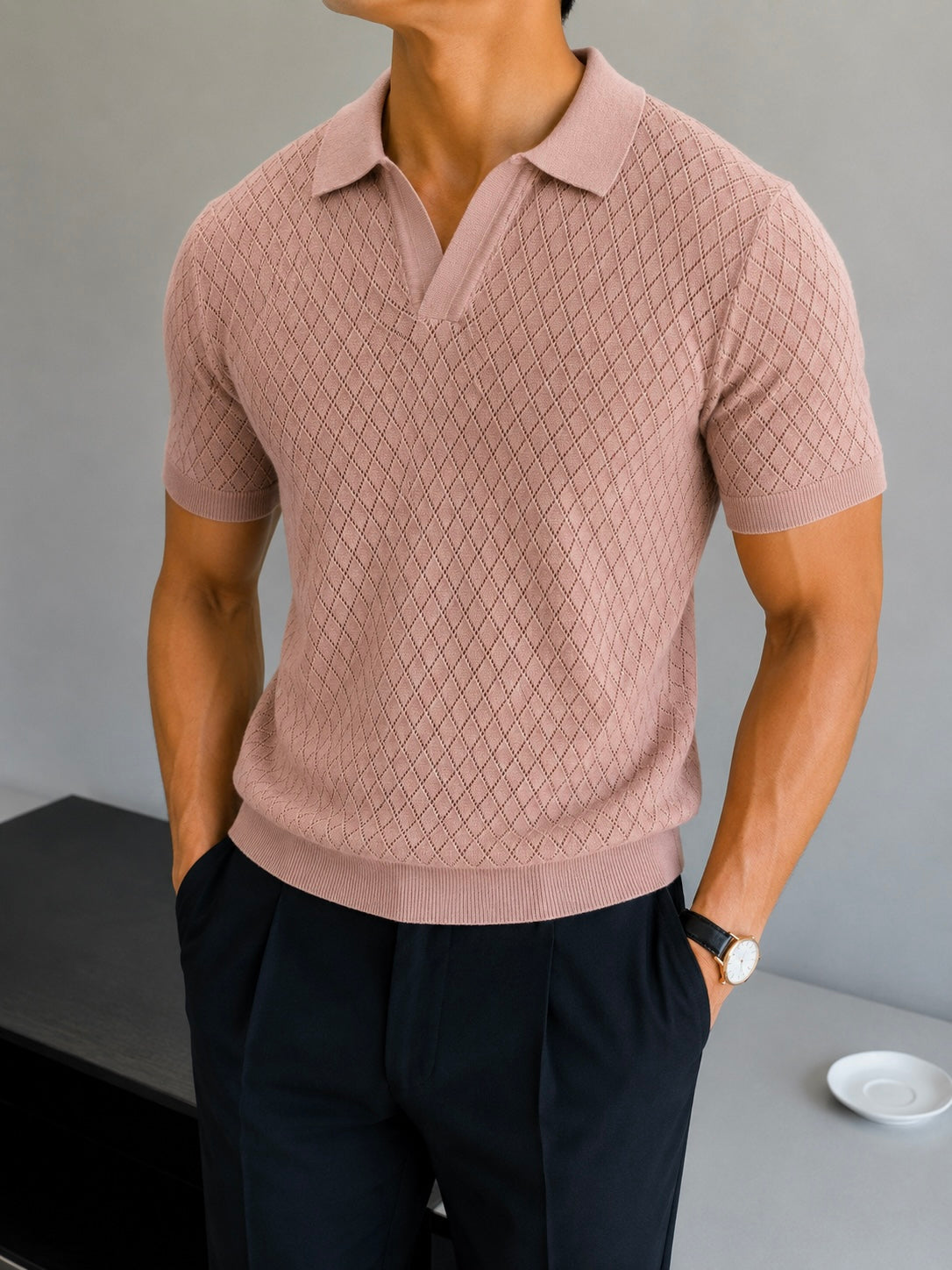 Diamond Knit Polo - Dusty Rose