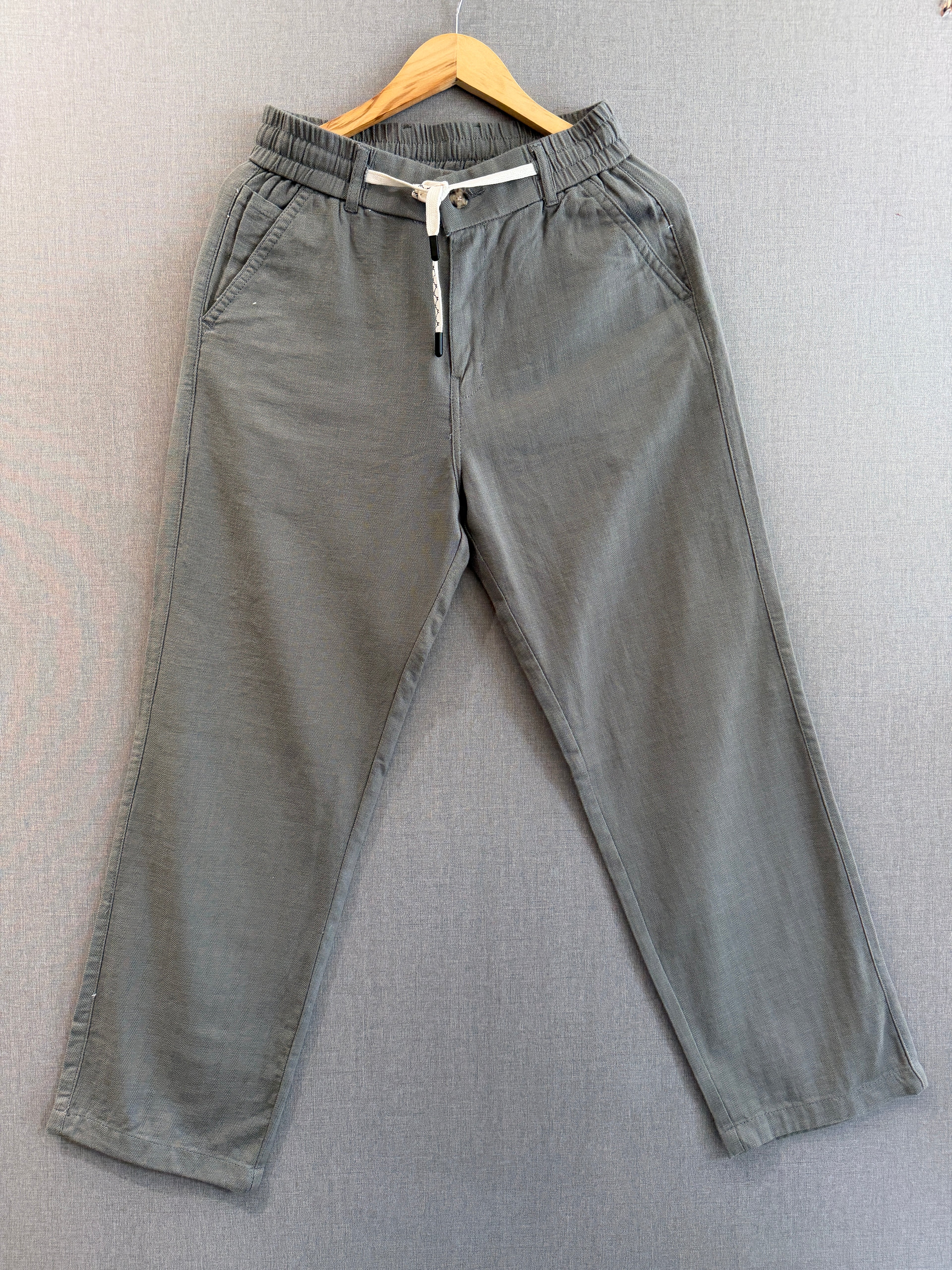 Cotton Linen Straight Fit Pant - Grey Olive