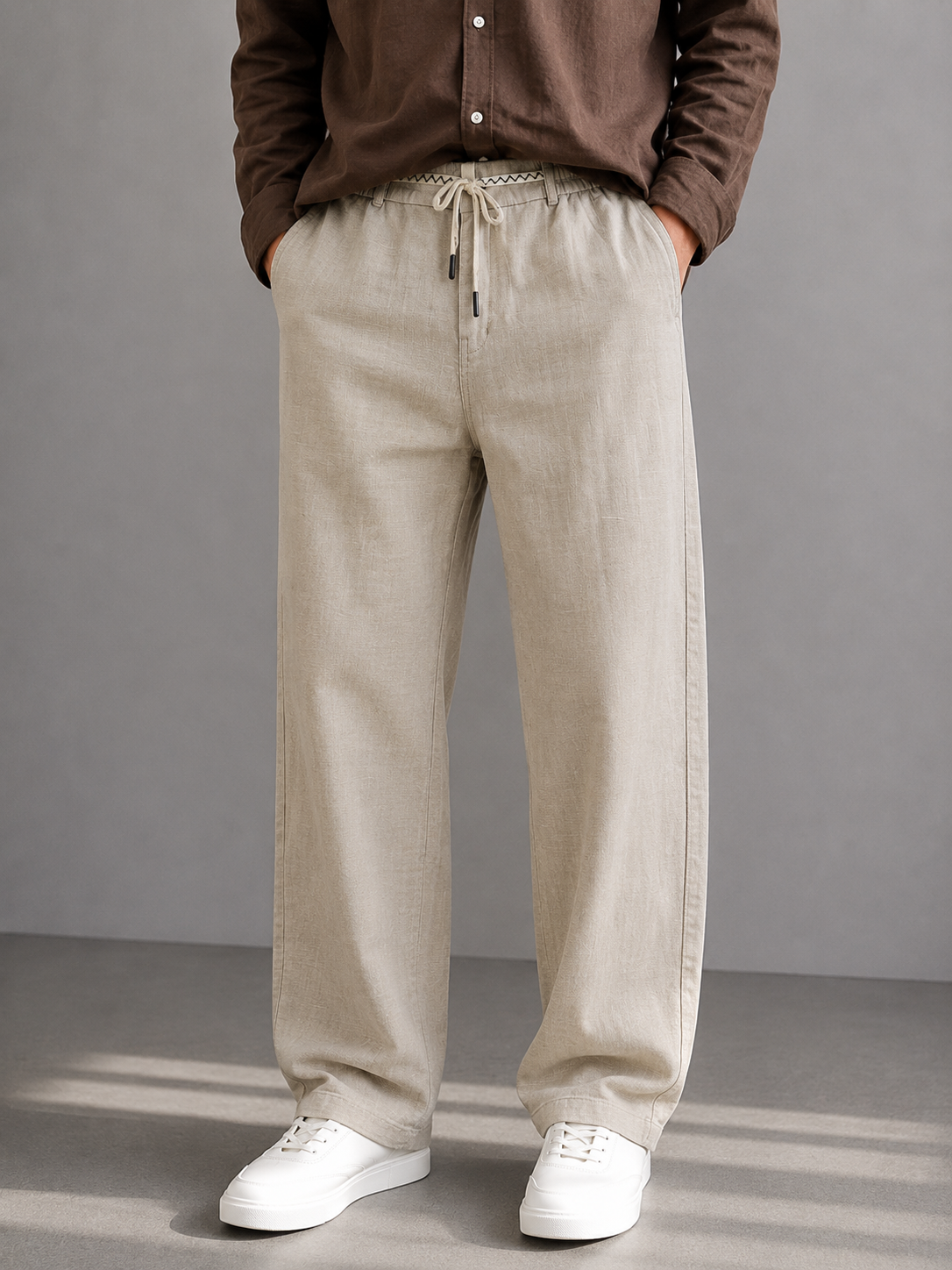 Cotton Linen Straight Fit Pant - Stone Beige