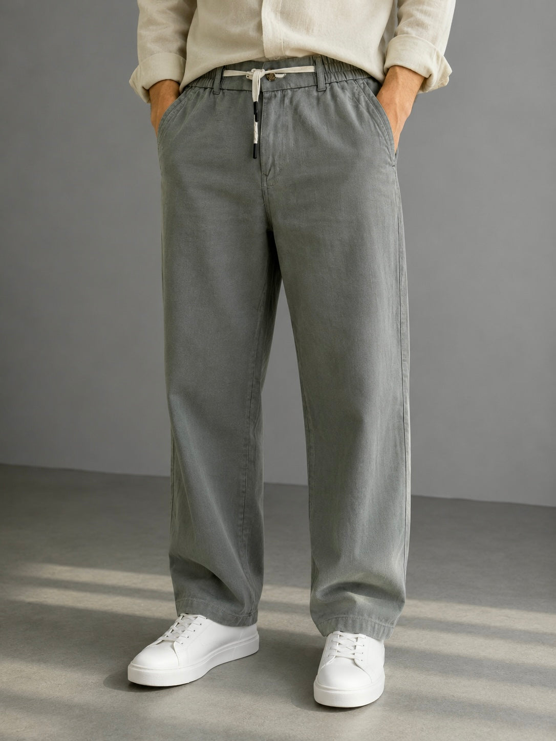Cotton Linen Straight Fit Pant - Grey Olive
