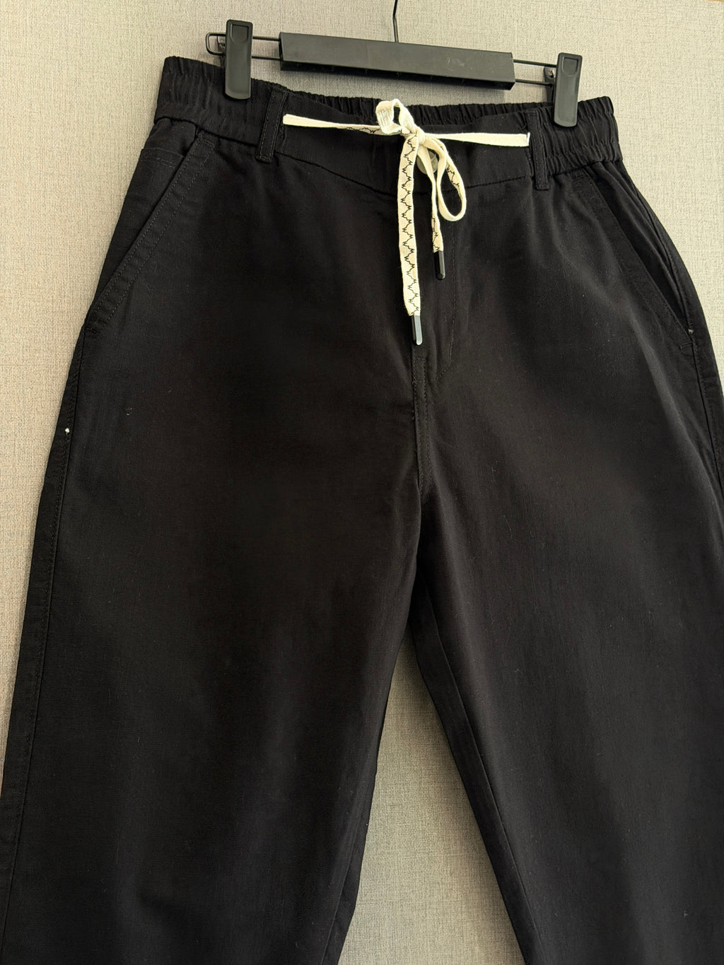 Jet Black Regular Fit Linen Trousers