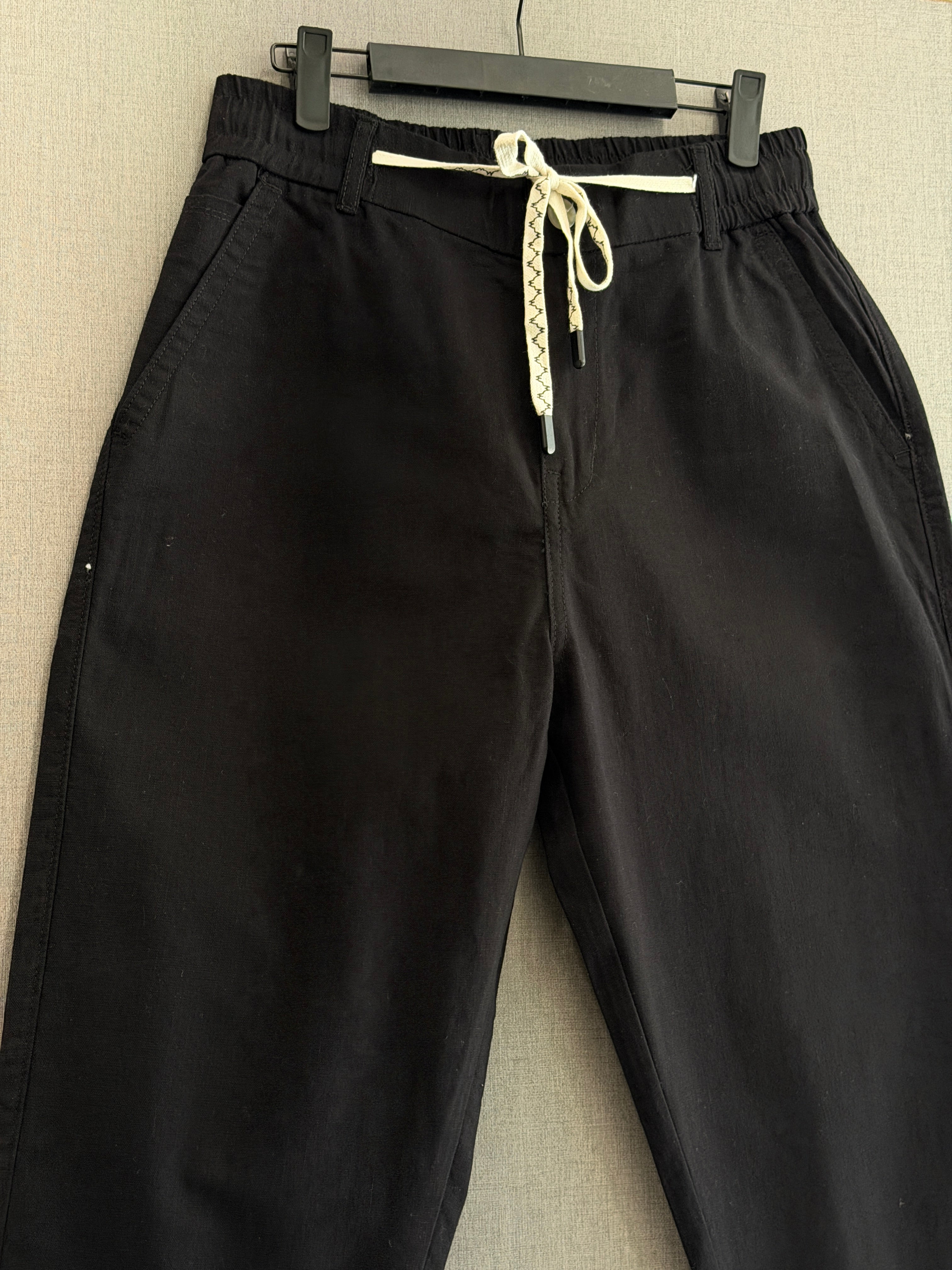 Jet Black Regular Fit Linen Trousers