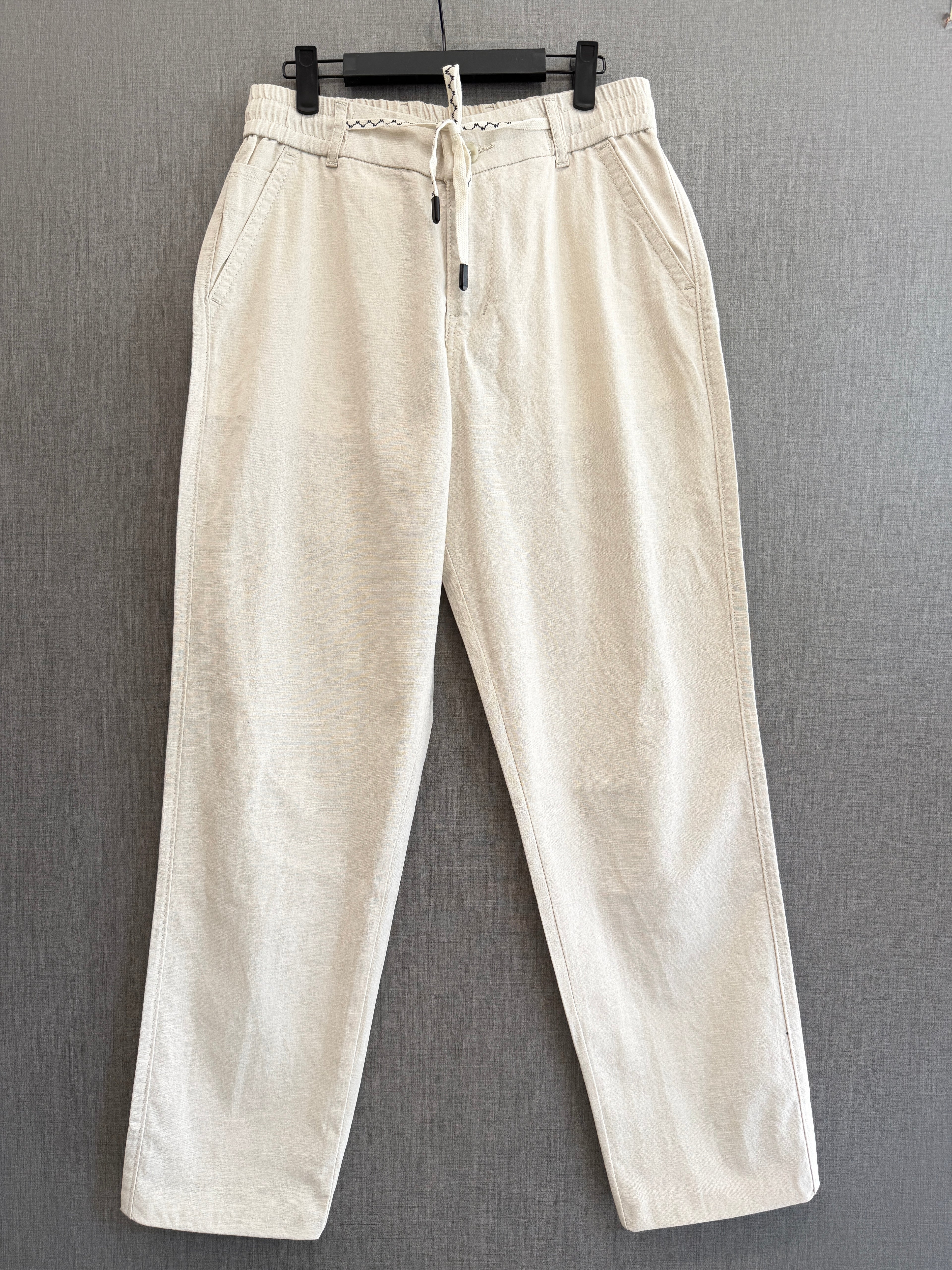 Ivory Cream Regular Fit Linen Trousers