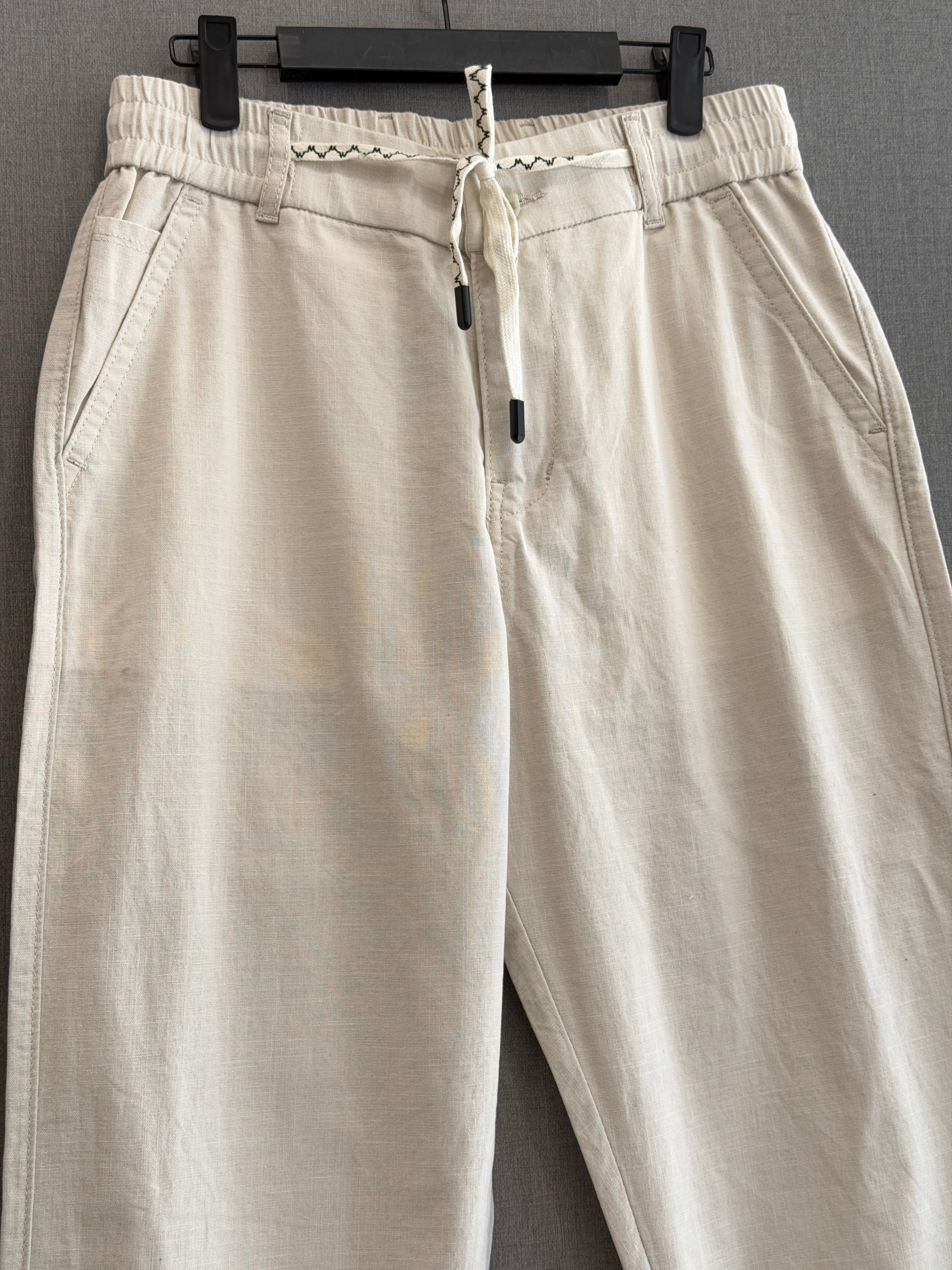 Ivory Cream Regular Fit Linen Trousers