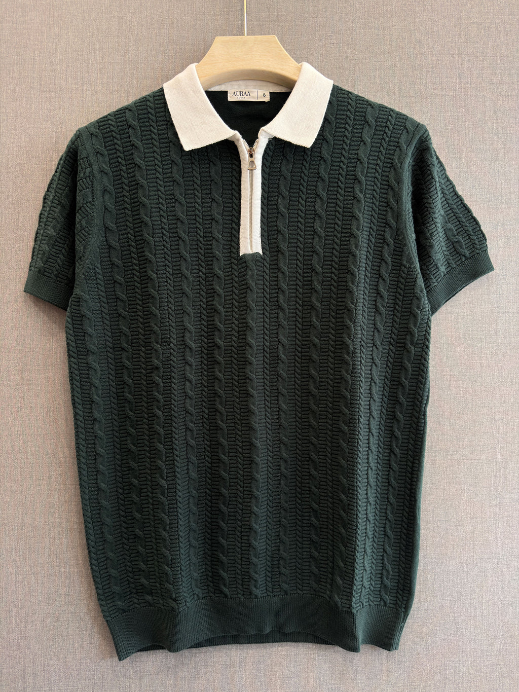 Cable Knit Zip Polo - Forest Green