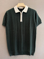 Cable Knit Zip Polo - Forest Green