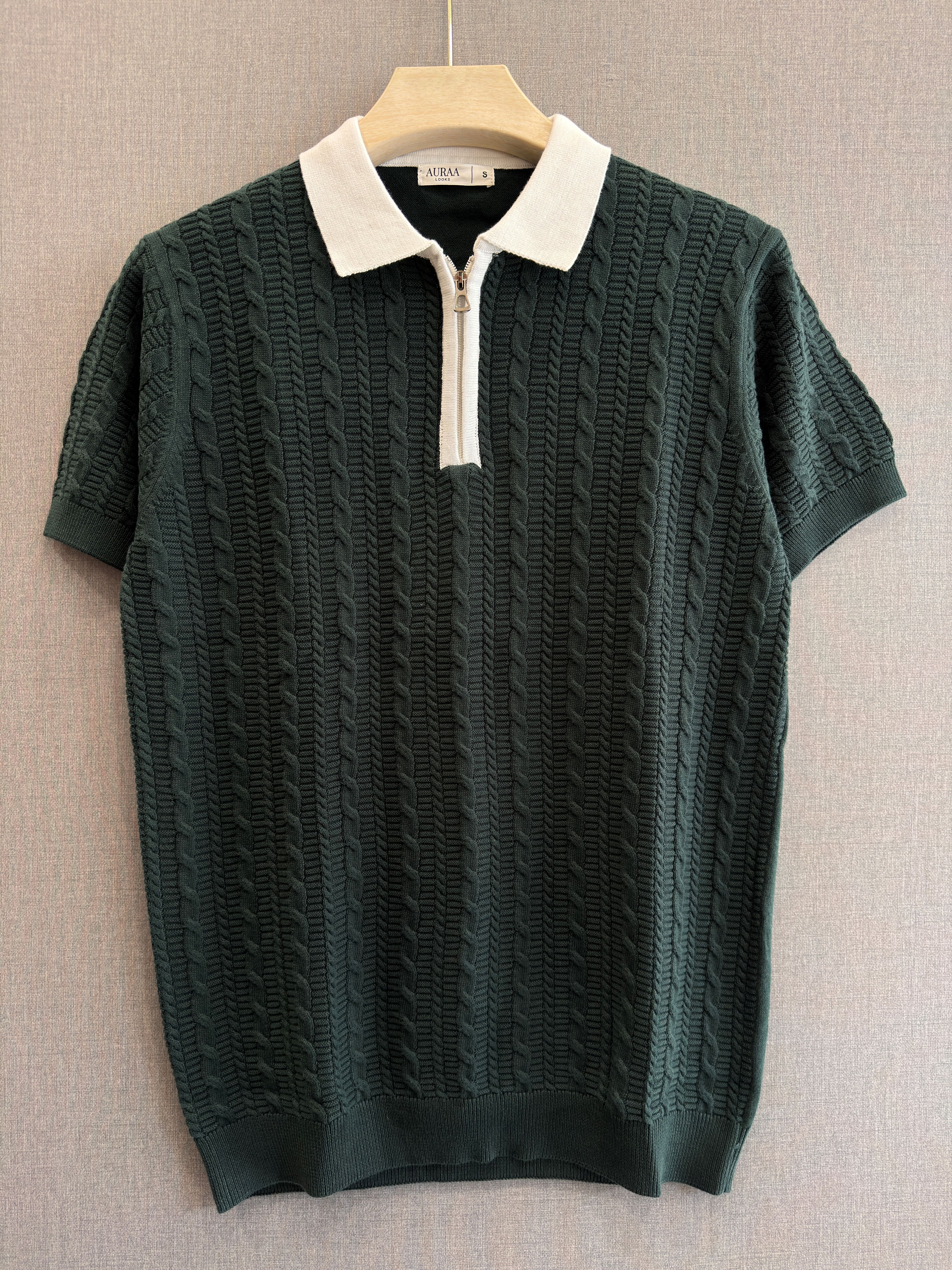Cable Knit Zip Polo - Forest Green