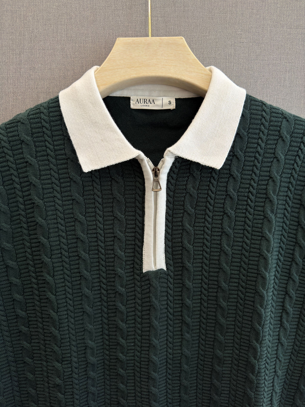 Cable Knit Zip Polo - Forest Green