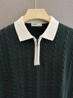 Cable Knit Zip Polo - Forest Green