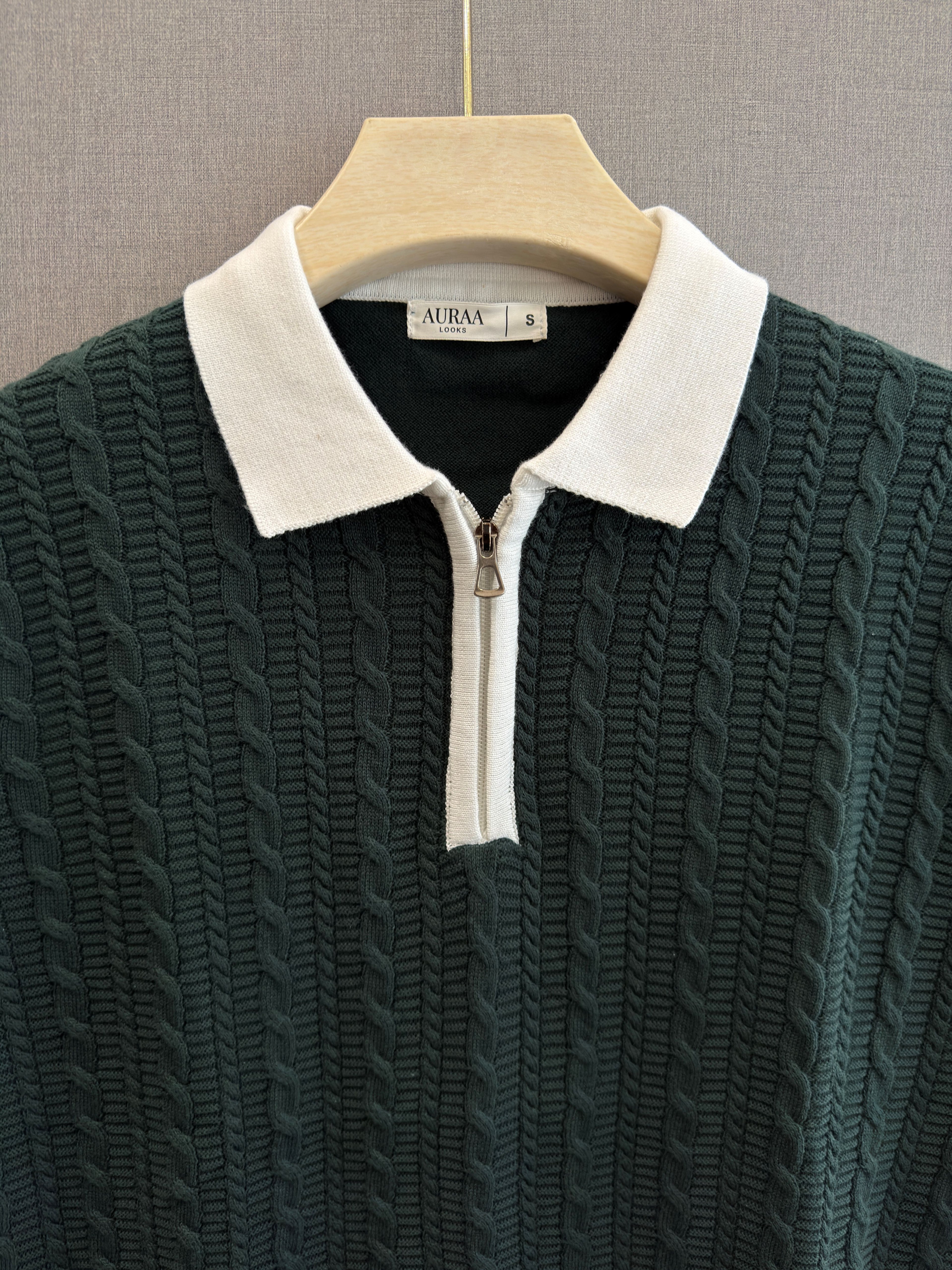 Cable Knit Zip Polo - Forest Green