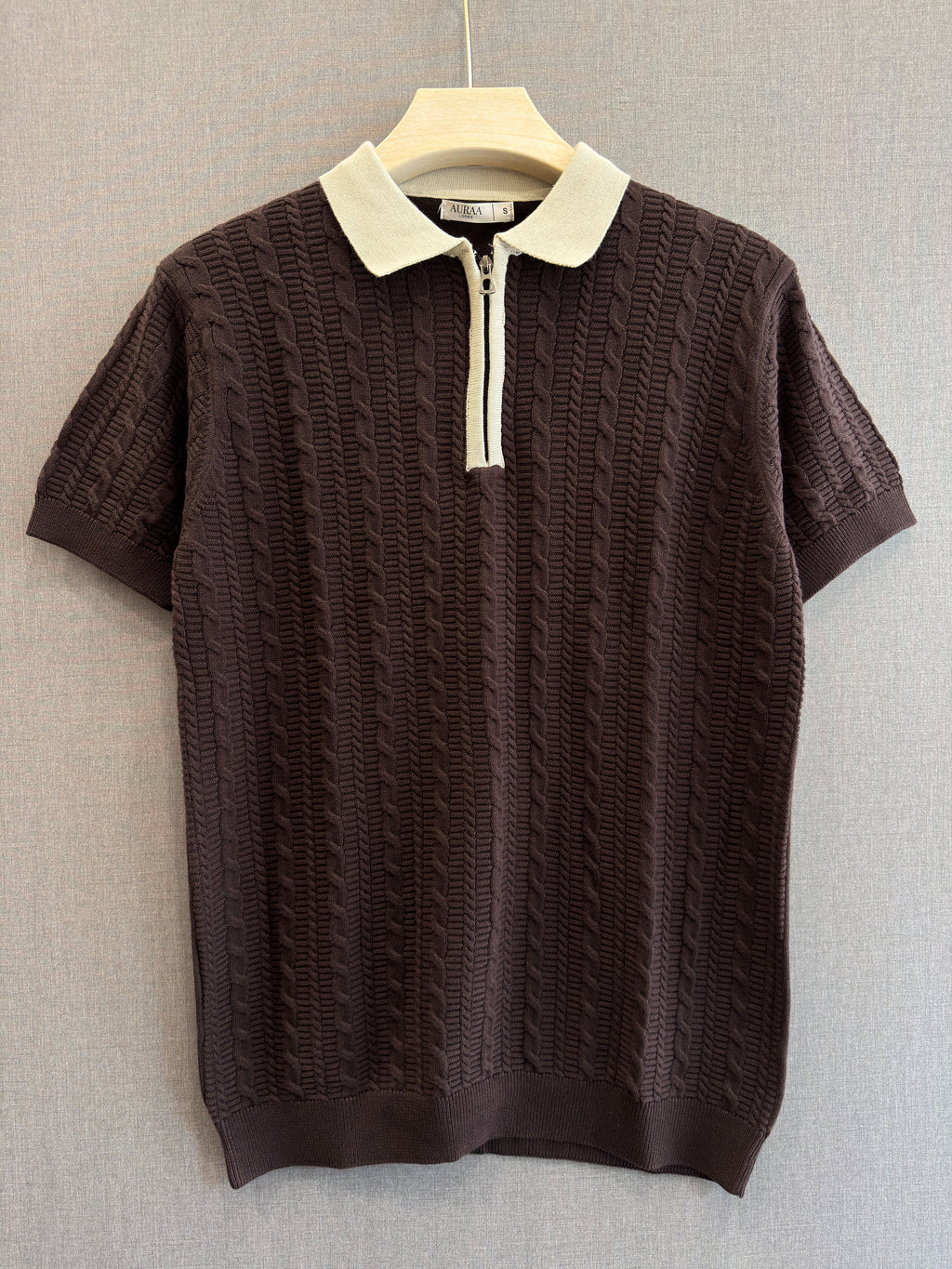 Cable Knit Zip Polo - Espresso Brown