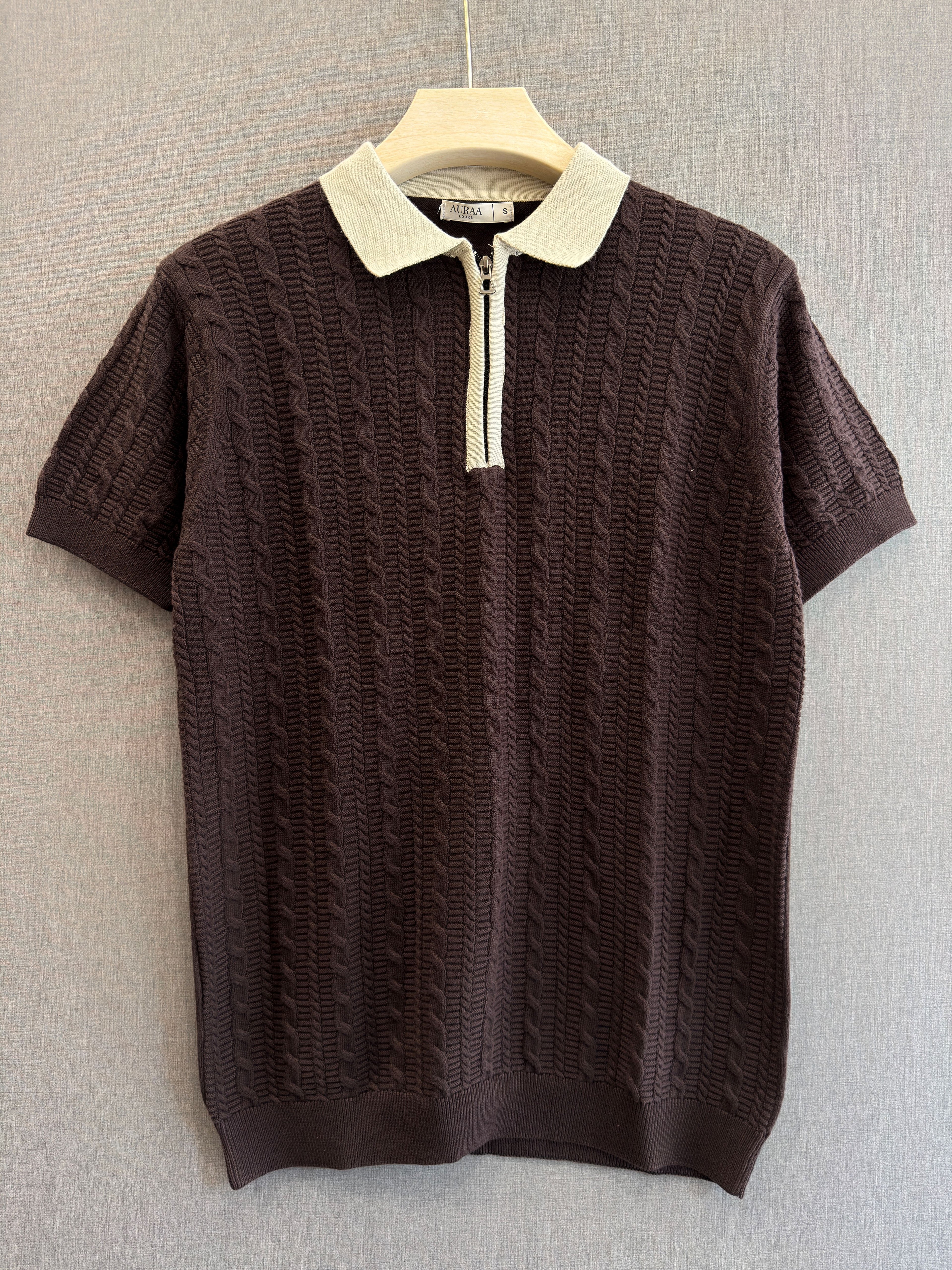 Cable Knit Zip Polo - Espresso Brown