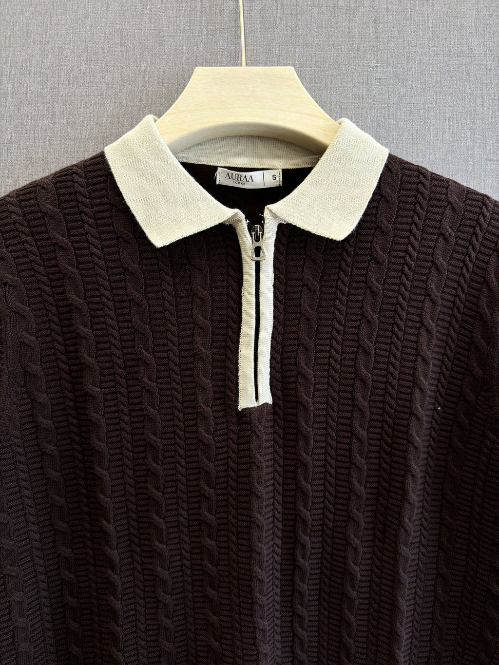 Cable Knit Zip Polo - Espresso Brown
