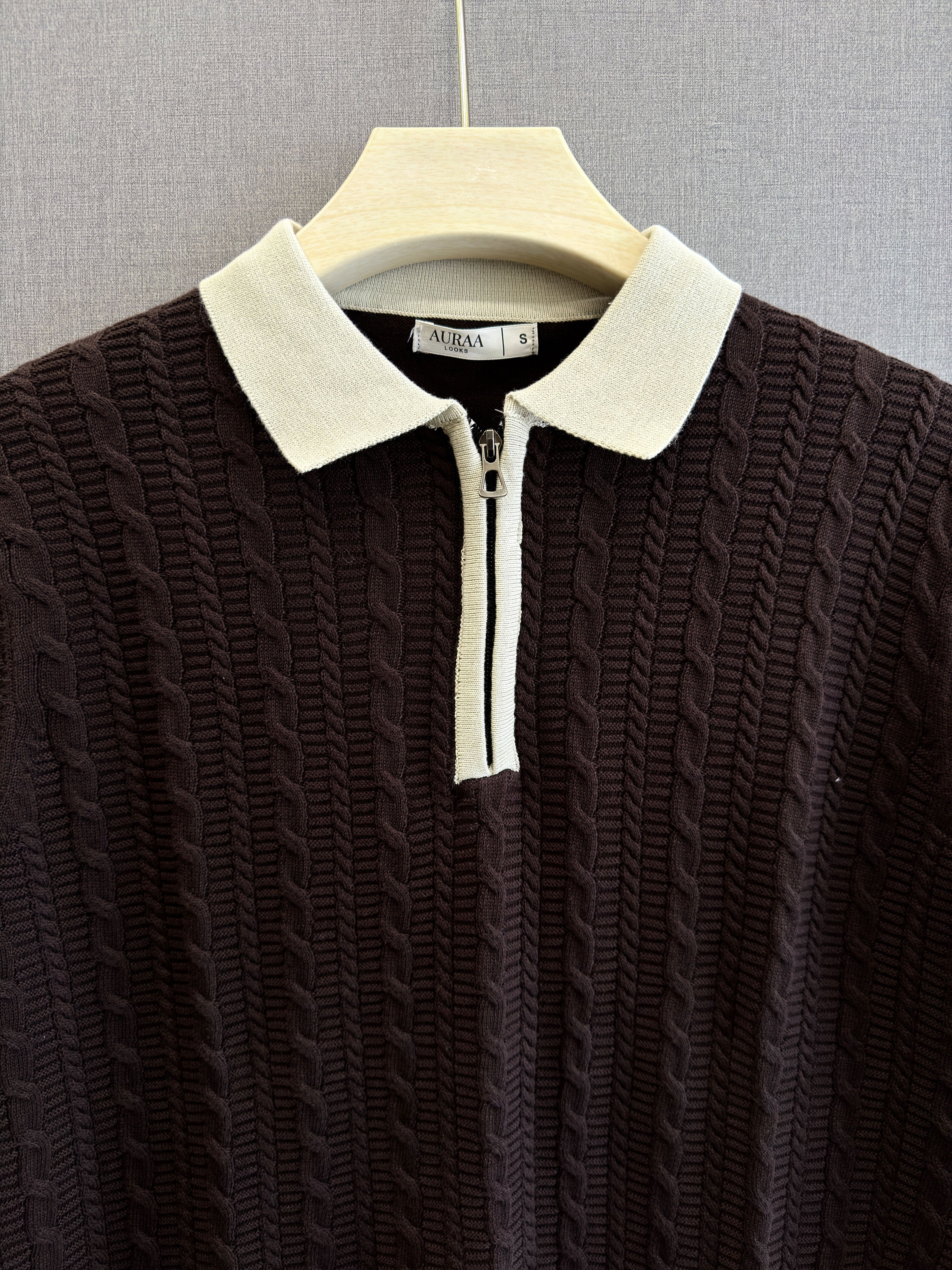 Cable Knit Zip Polo - Espresso Brown