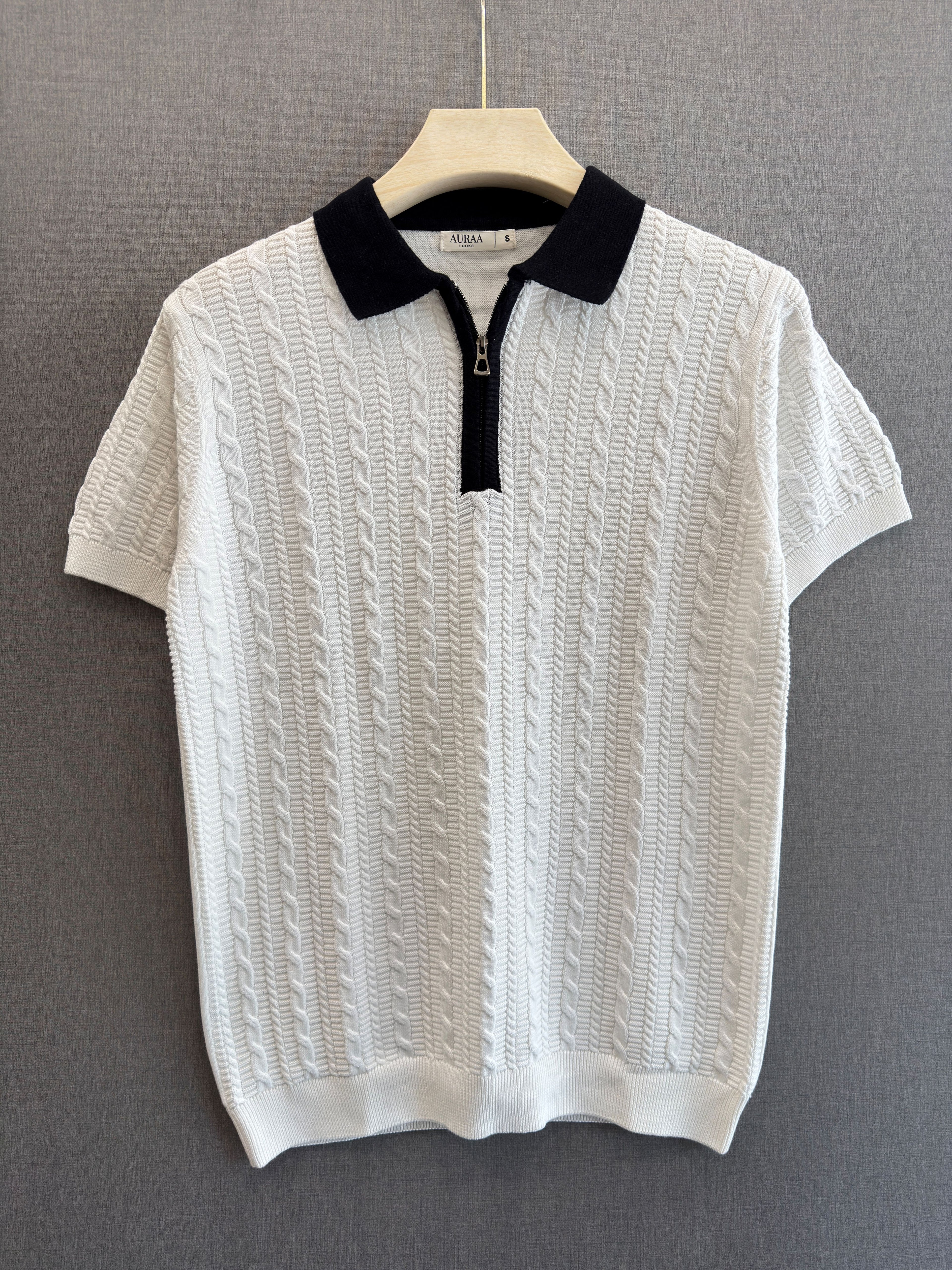 Cable Knit Zip Polo - Ivory White