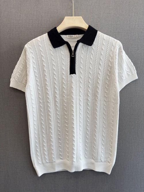 Cable Knit Zip Polo - Ivory White