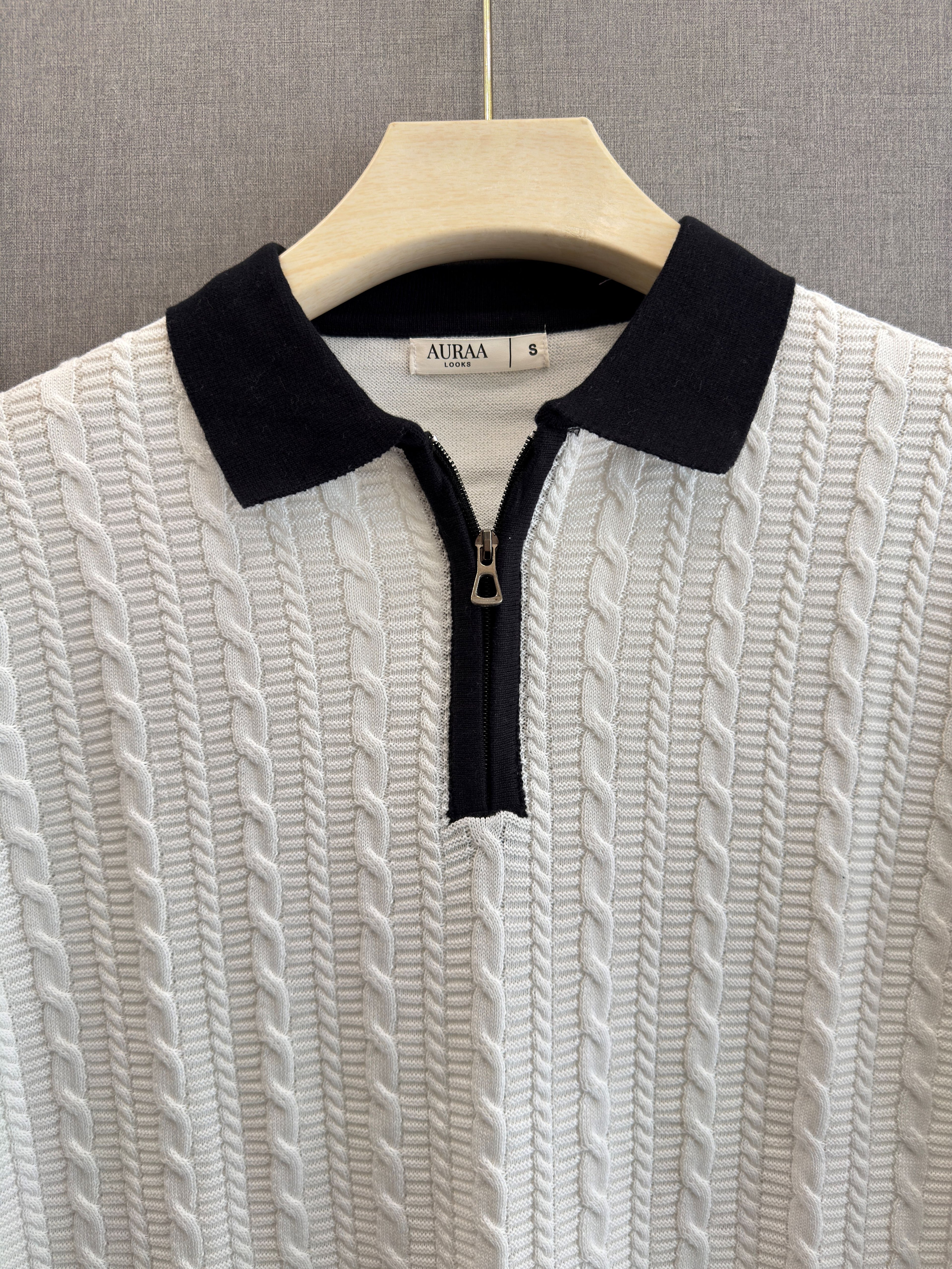 Cable Knit Zip Polo - Ivory White