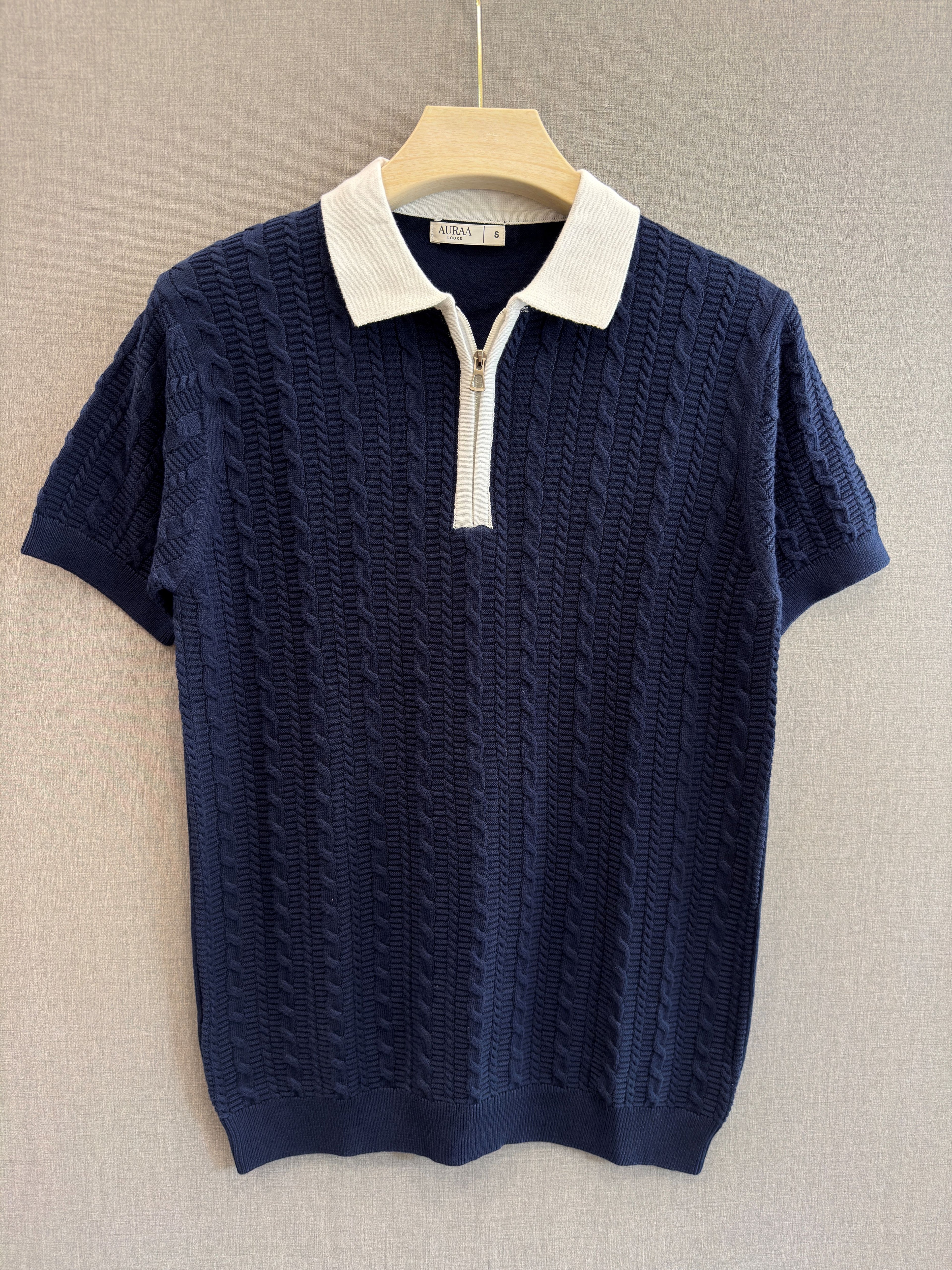 Cable Knit Zip Polo - Midnight Navy