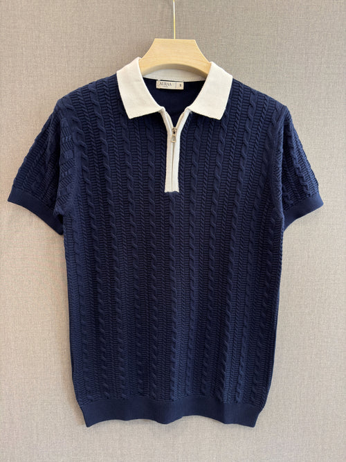 Cable Knit Zip Polo - Midnight Navy