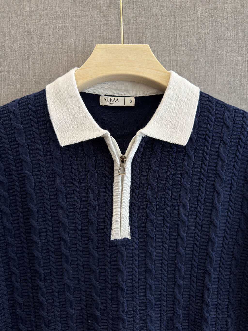 Cable Knit Zip Polo - Midnight Navy