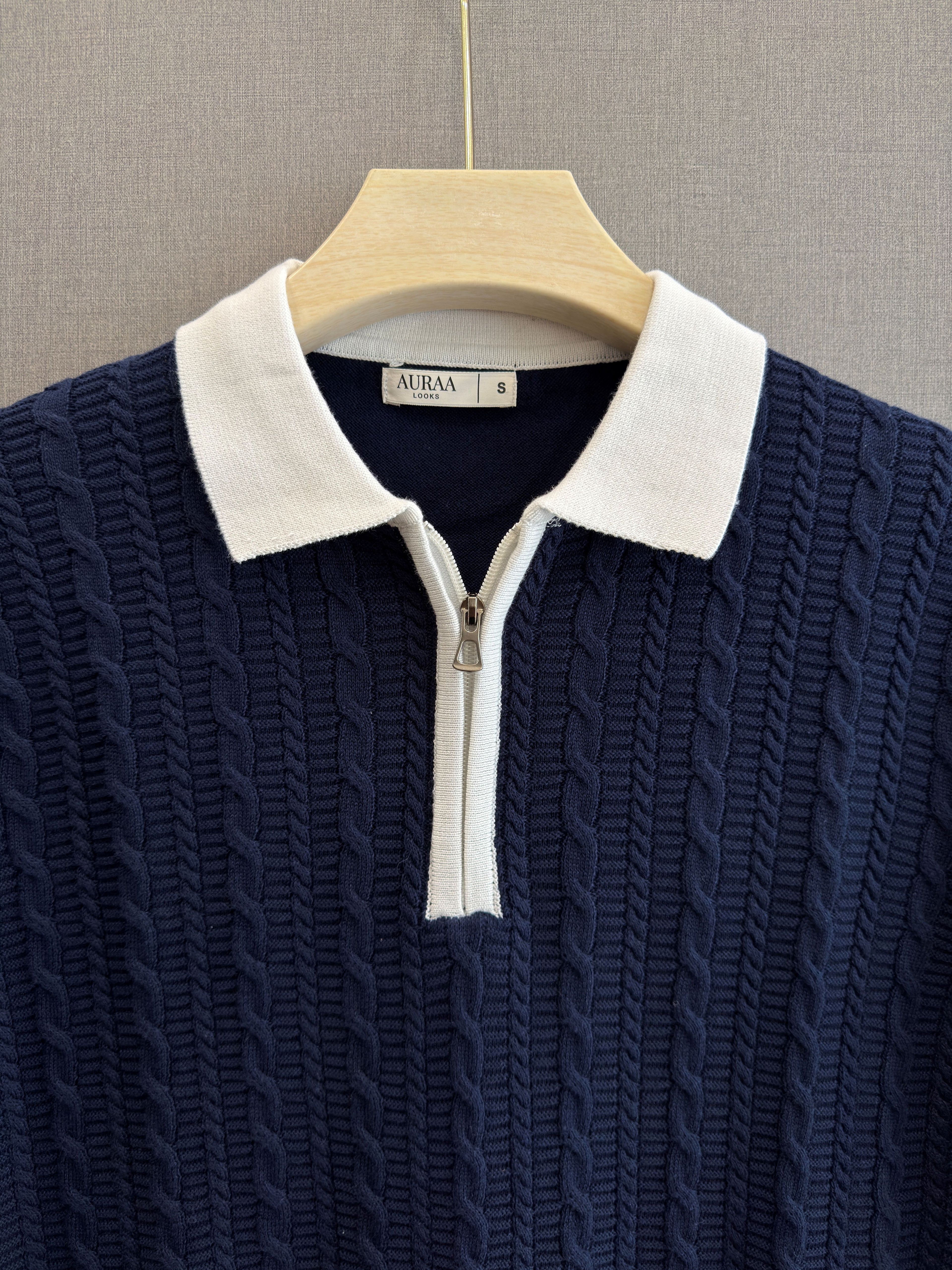 Cable Knit Zip Polo - Midnight Navy