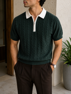 Cable Knit Zip Polo - Forest Green
