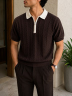 Cable Knit Zip Polo - Espresso Brown