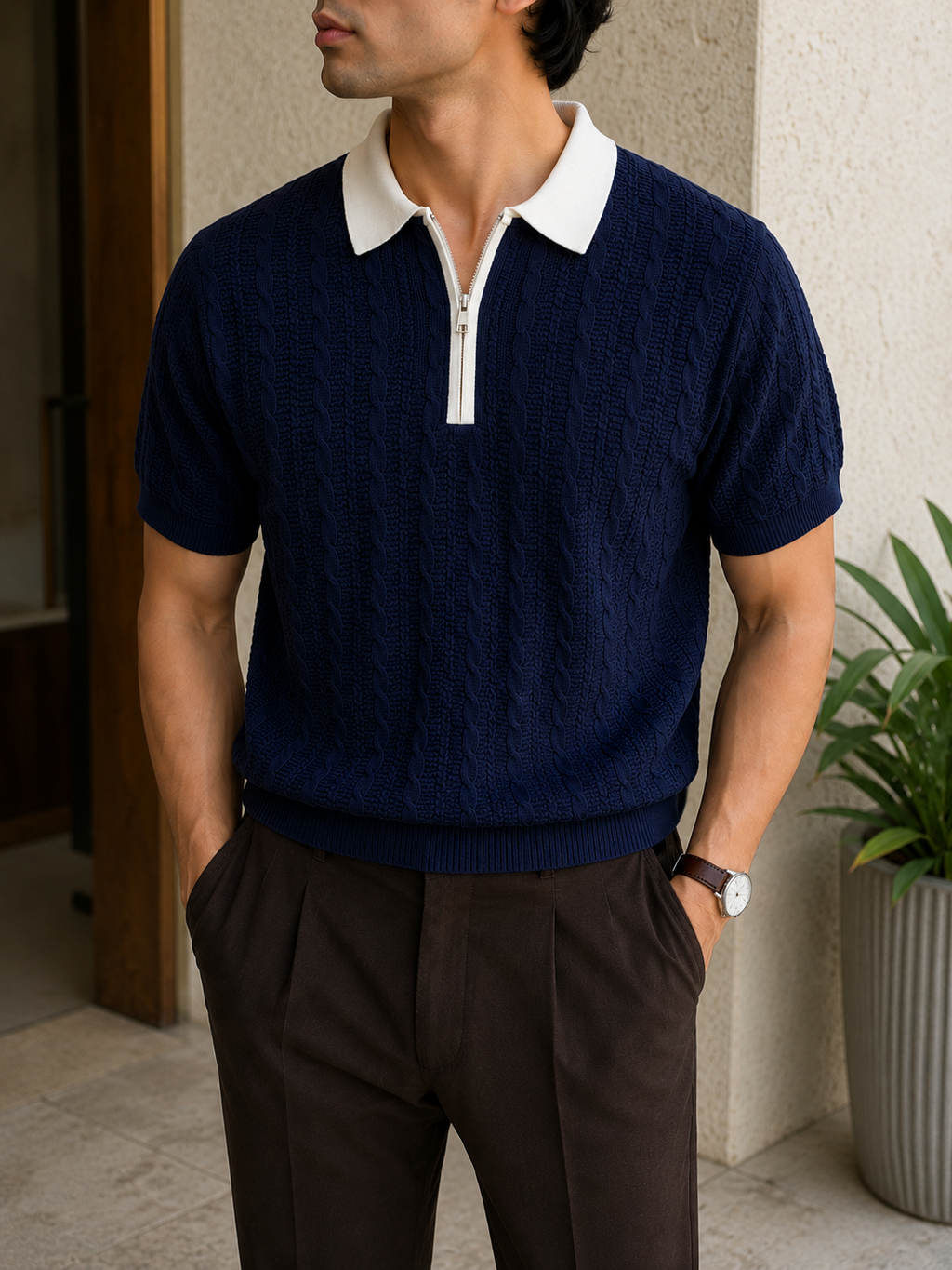 Cable Knit Zip Polo - Midnight Navy