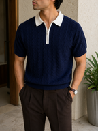 Cable Knit Zip Polo - Midnight Navy