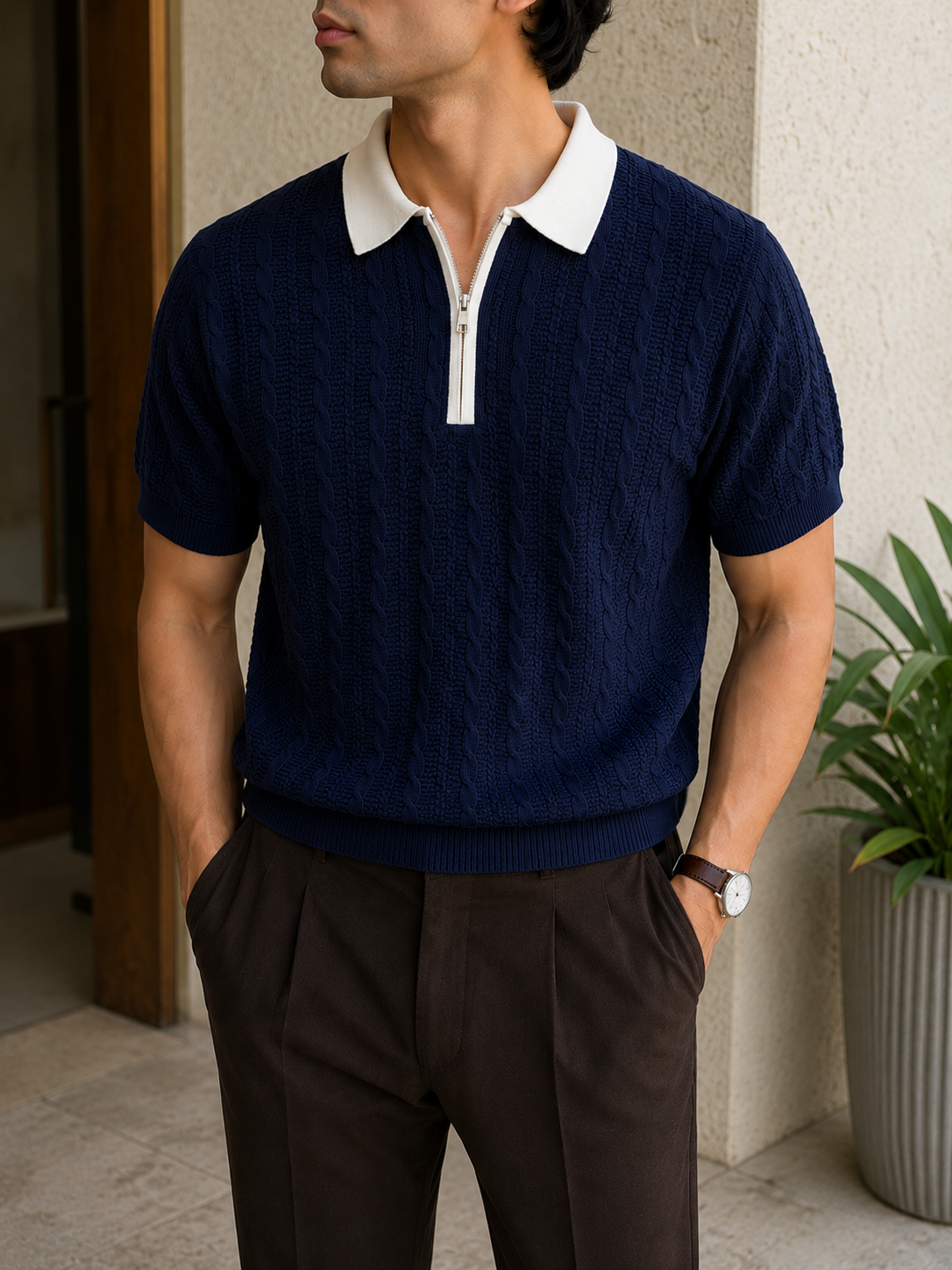 Cable Knit Zip Polo - Midnight Navy