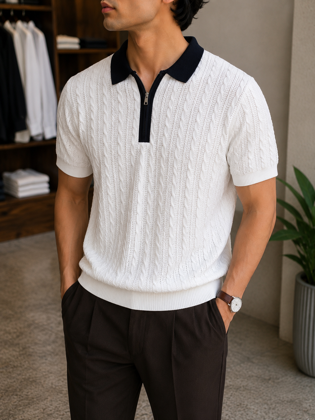 Cable Knit Zip Polo - Ivory White