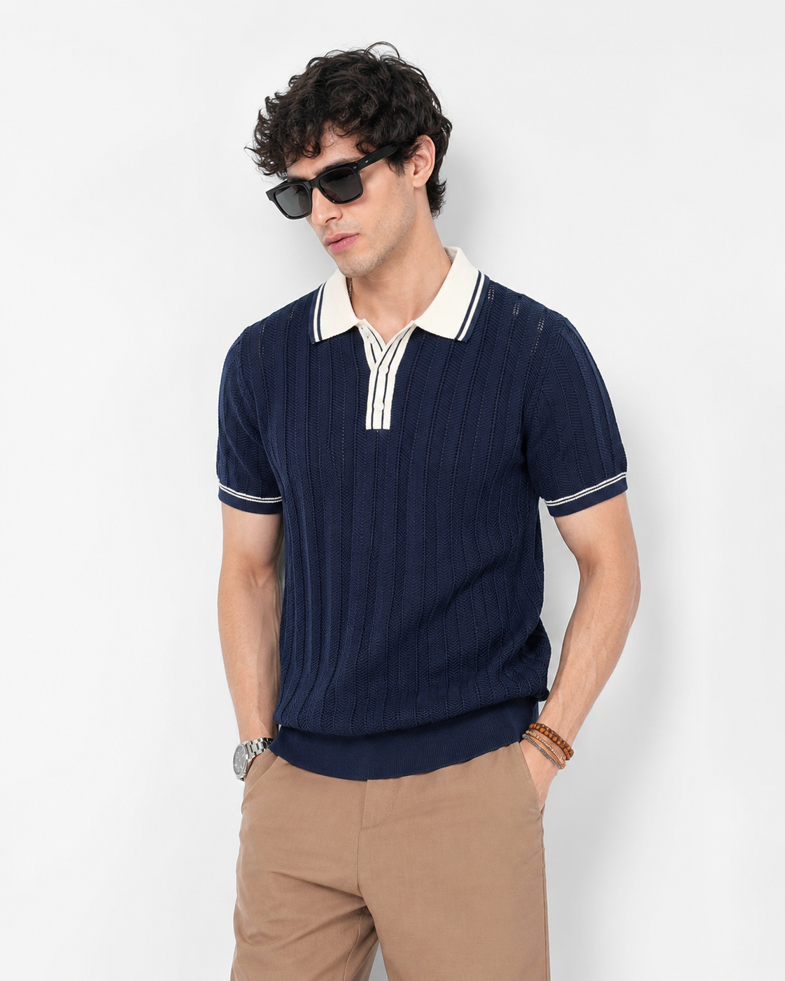 Chevron Knit Polo - Navy