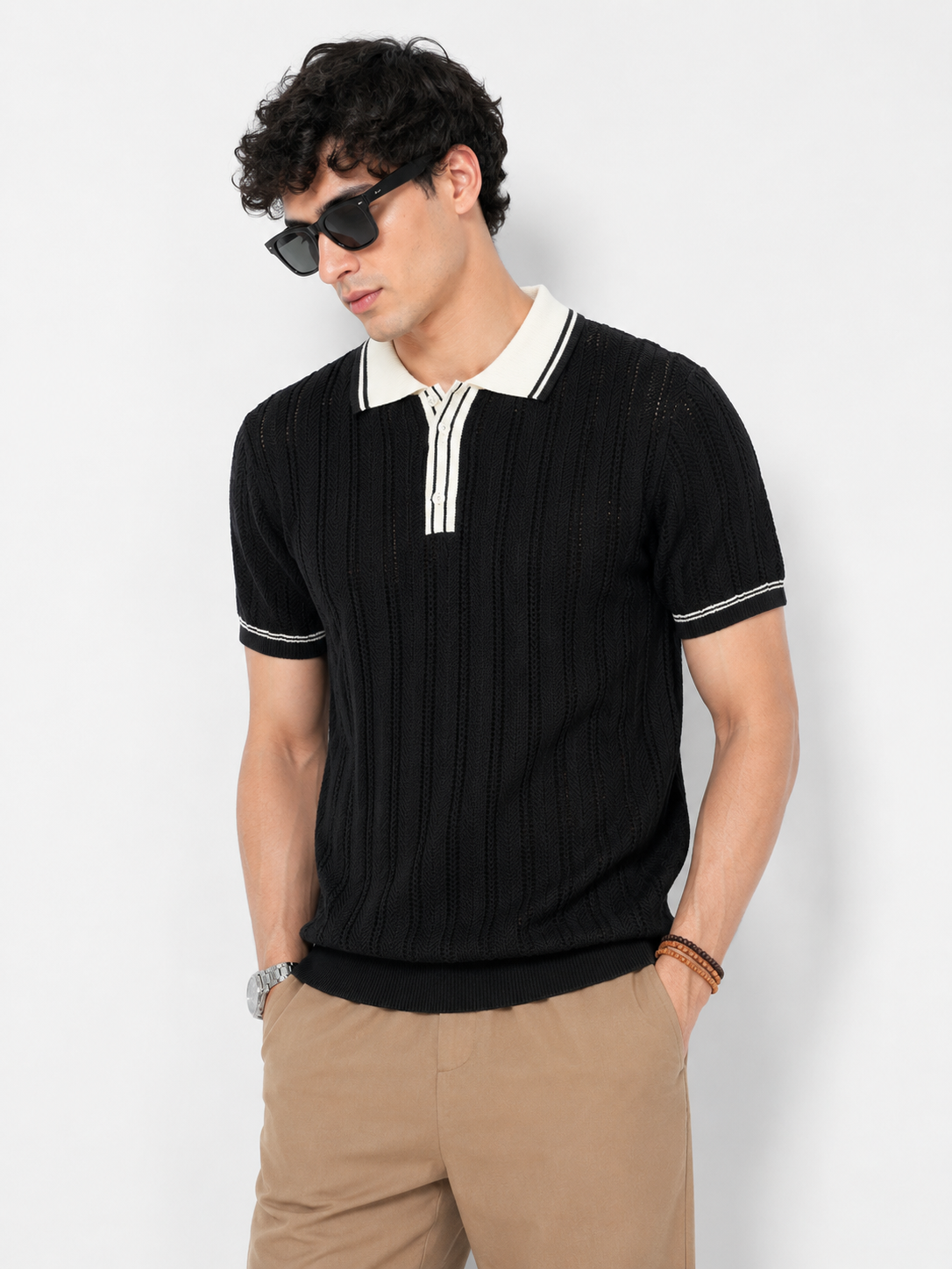 Chevron Knit Polo - Black