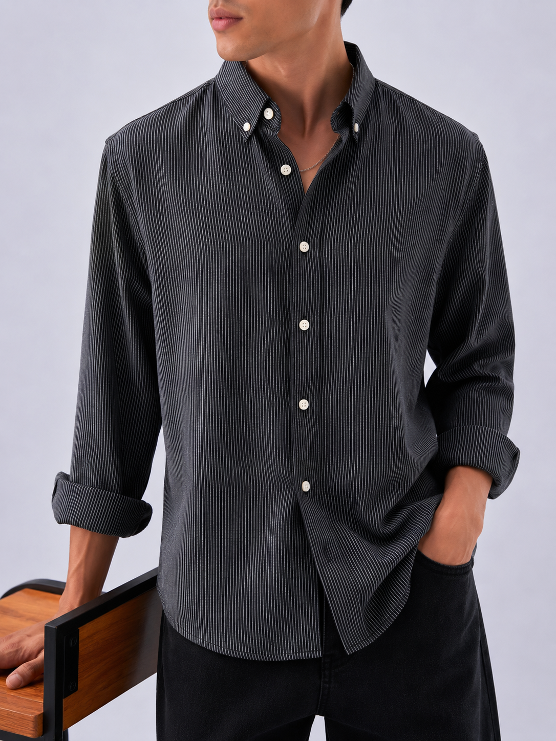 Pinstripe Cotton Shirt - Charcoal Black
