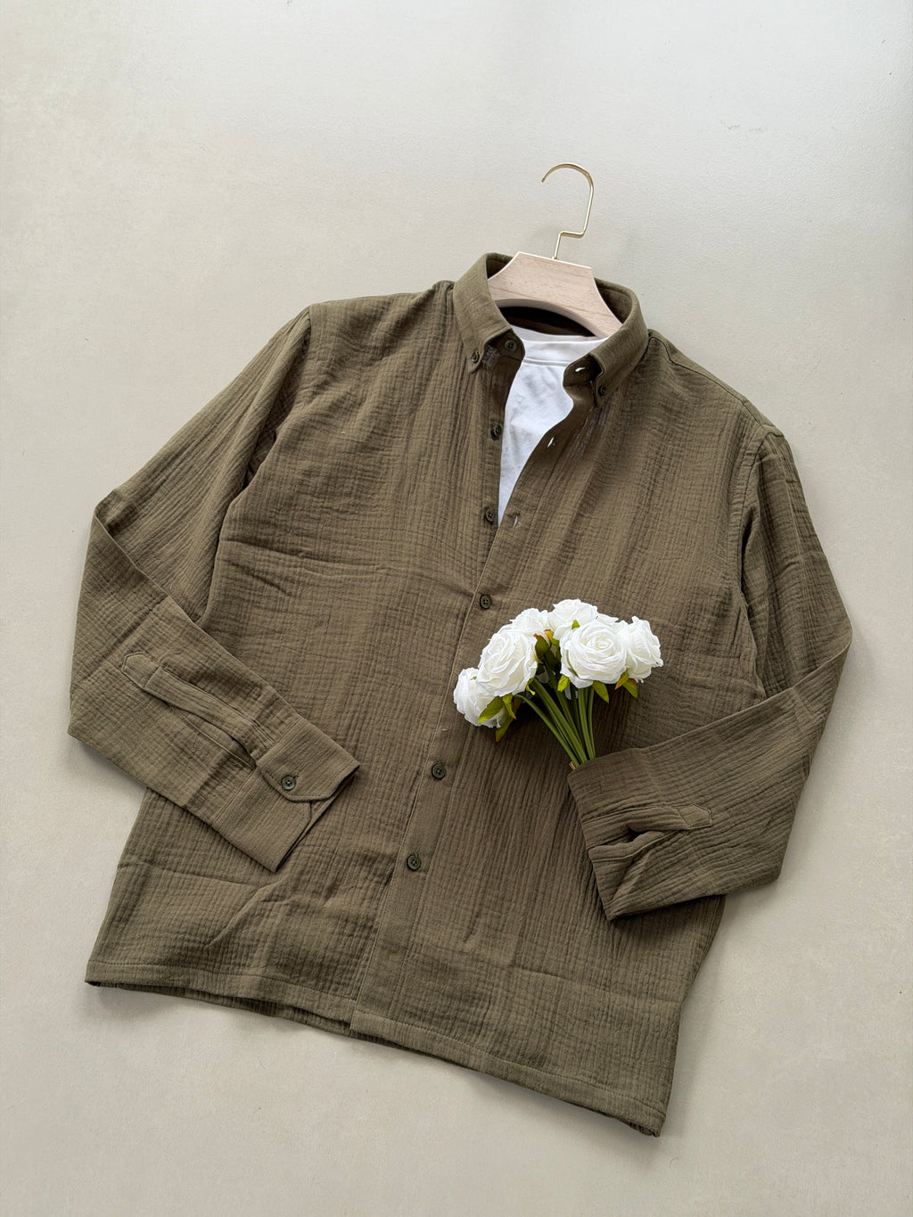 Gauze Cotton Box Fit Shirt - Olive