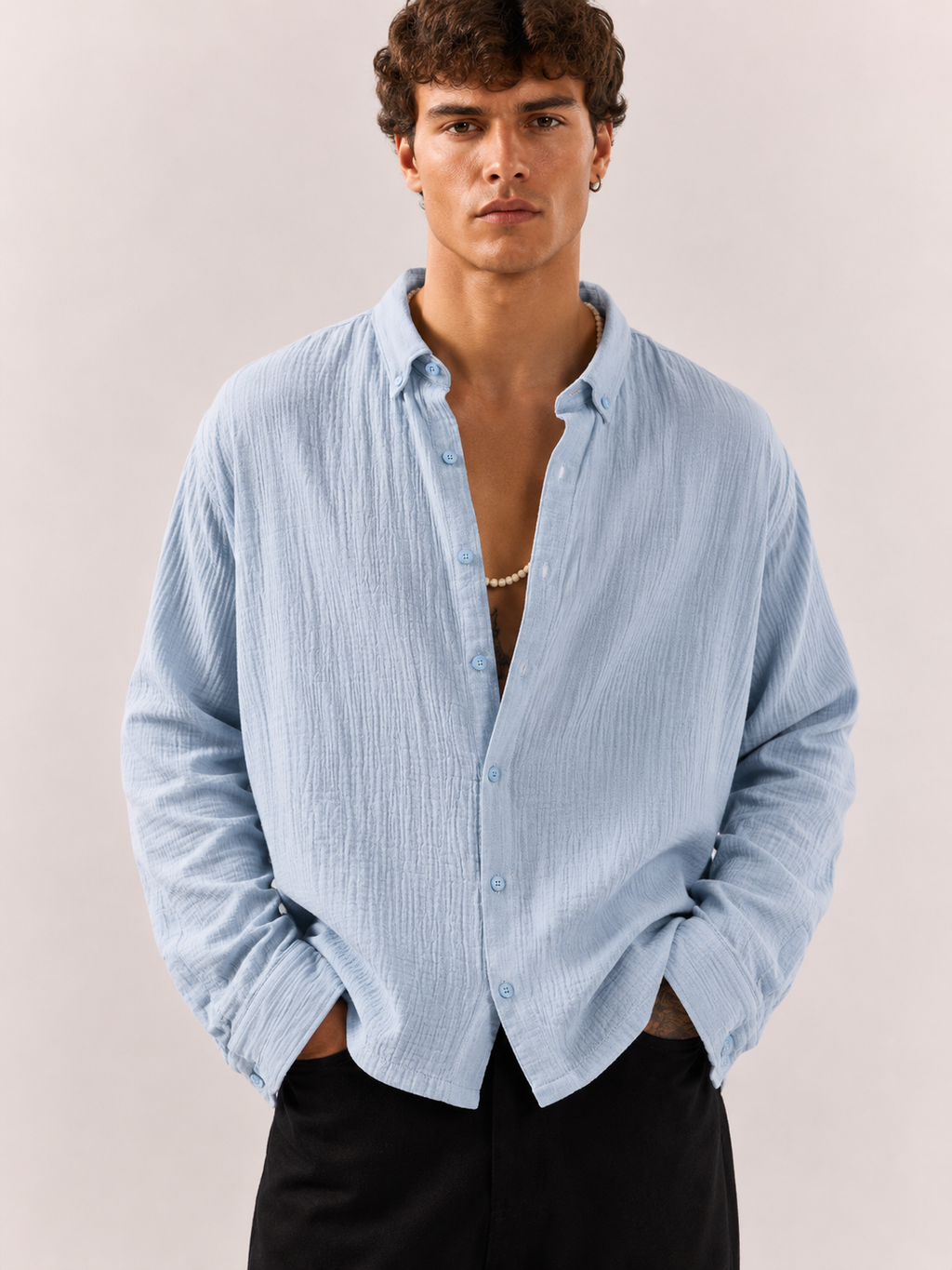 Gauze Cotton Box Fit Shirt - Sky Blue