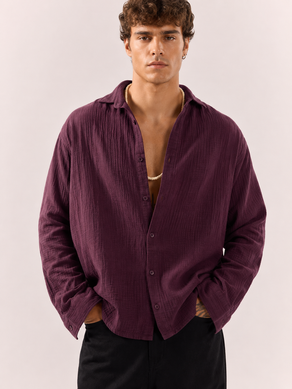 Gauze Cotton Box Fit Shirt - Wine