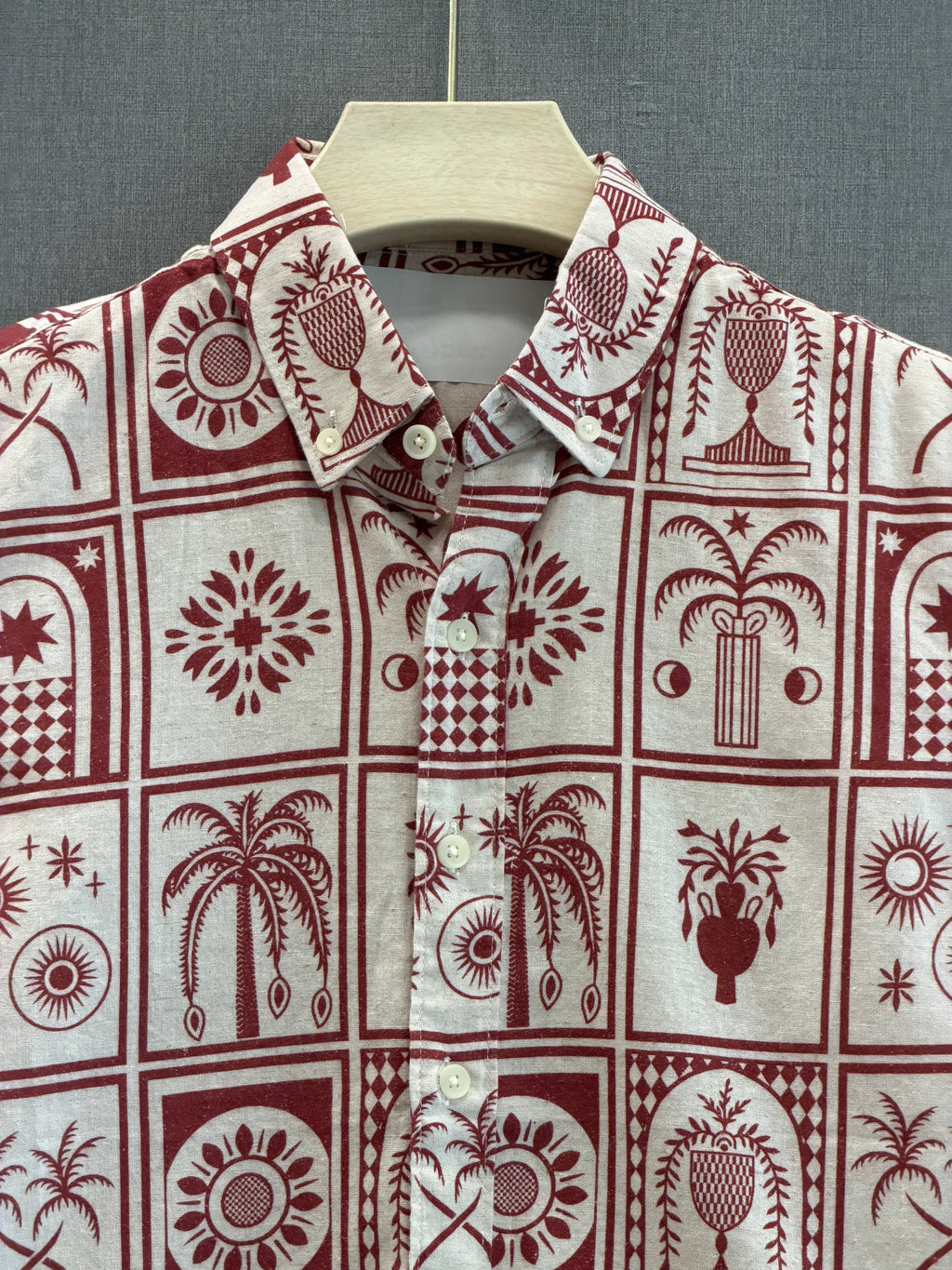 Mosaic Printed Linen Shirt - Crimson Red