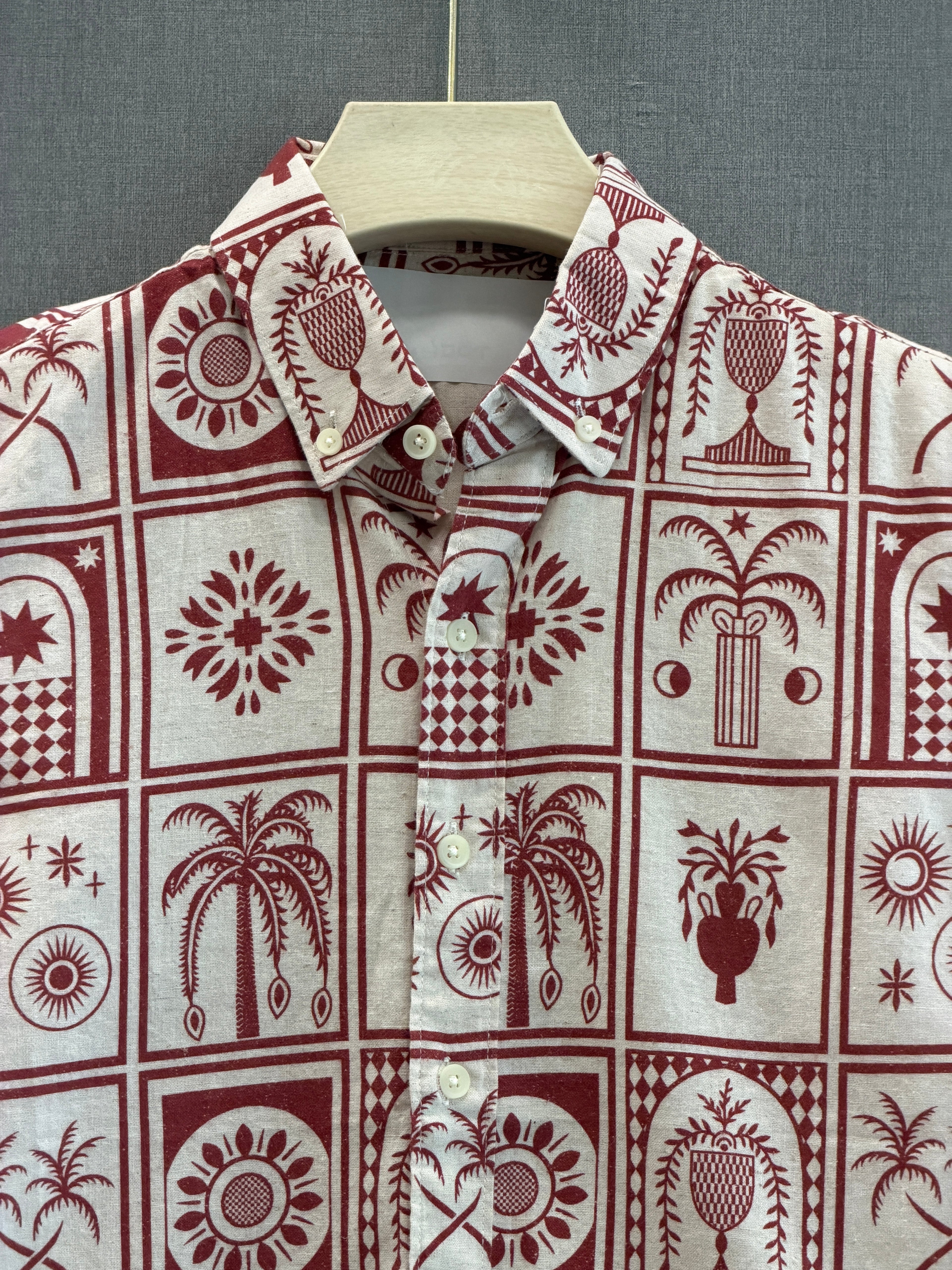 Mosaic Printed Linen Shirt - Crimson Red