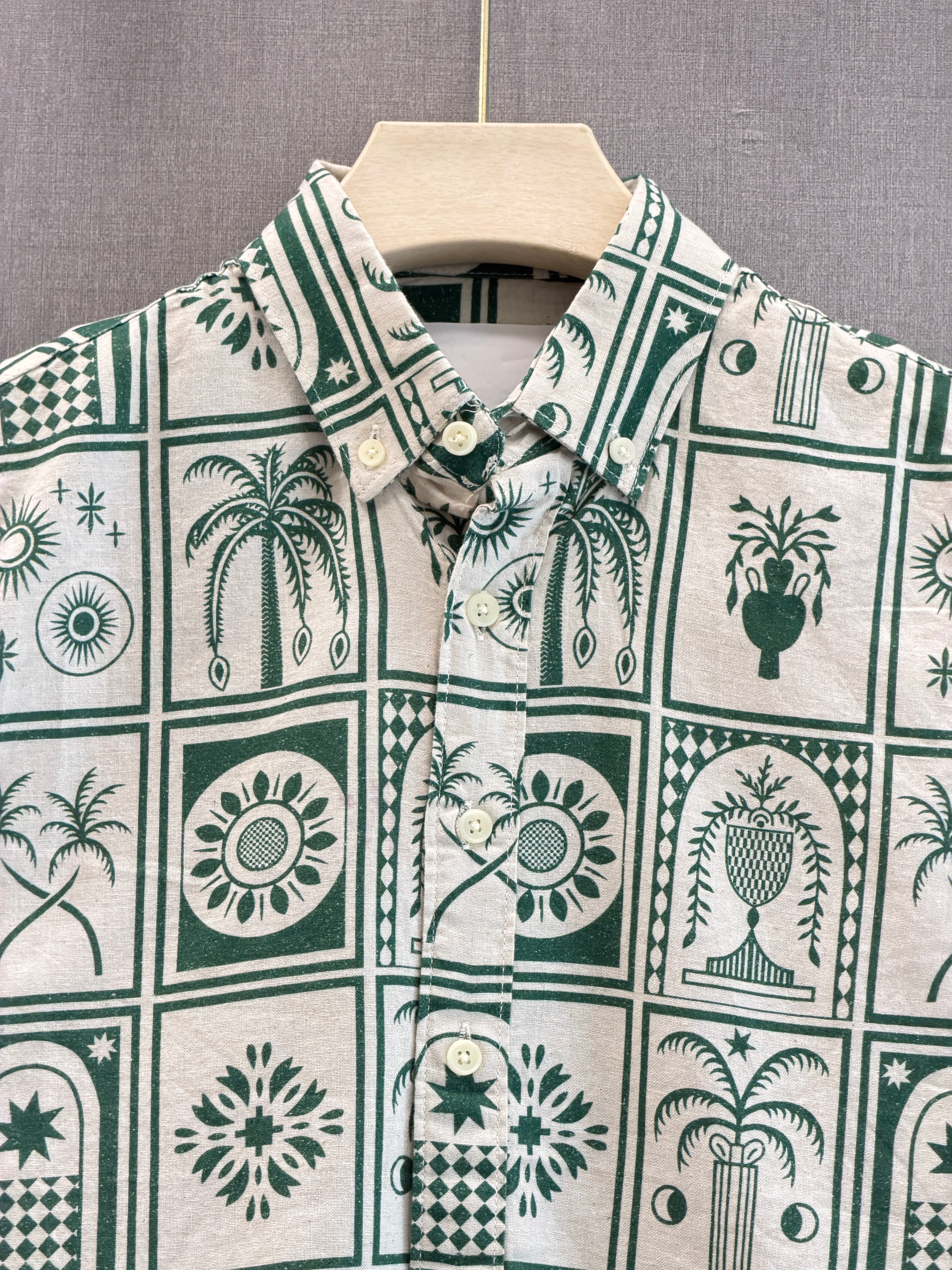 Mosaic Printed Linen Shirt - Forest Green