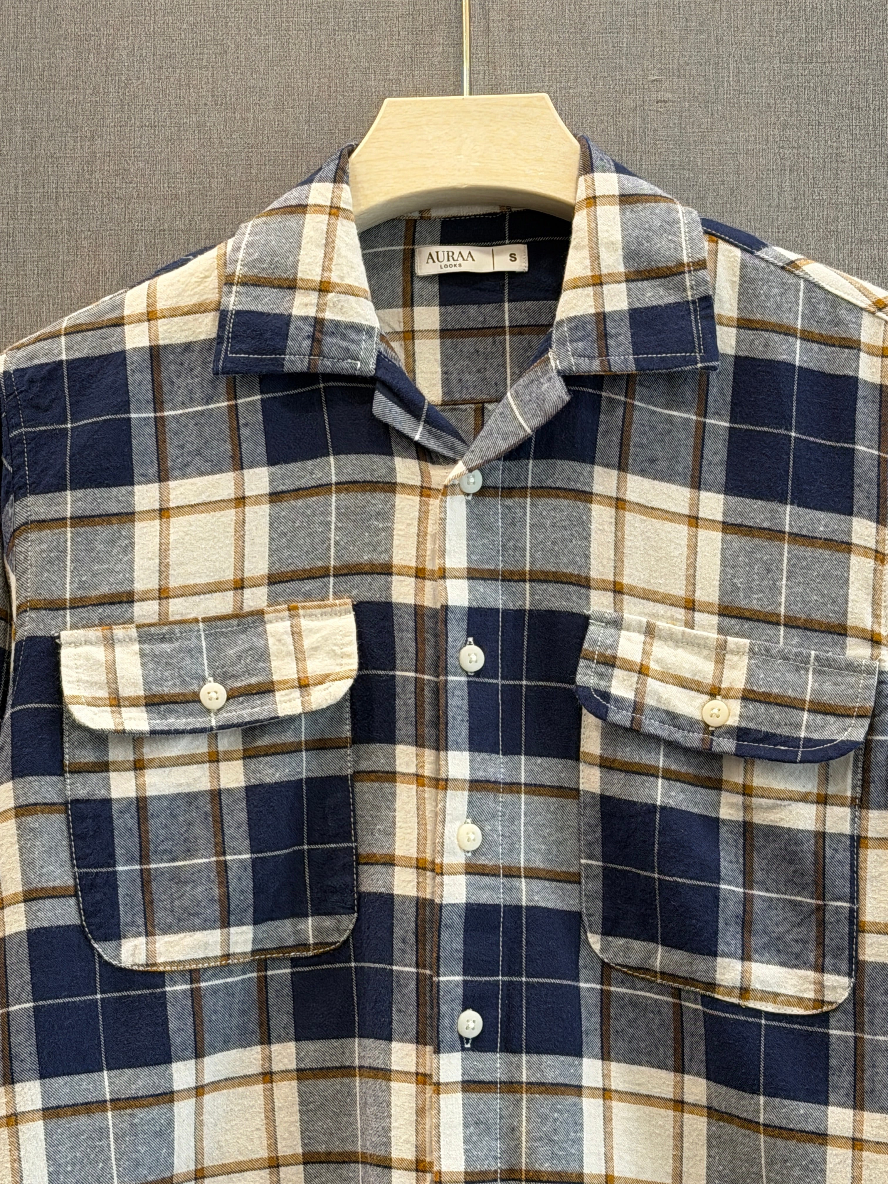Utility Boxy Fit Flannel Shirt - Navy Beige