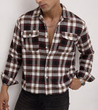 Utility Boxy Fit Flannel Shirt - Black Burgundy