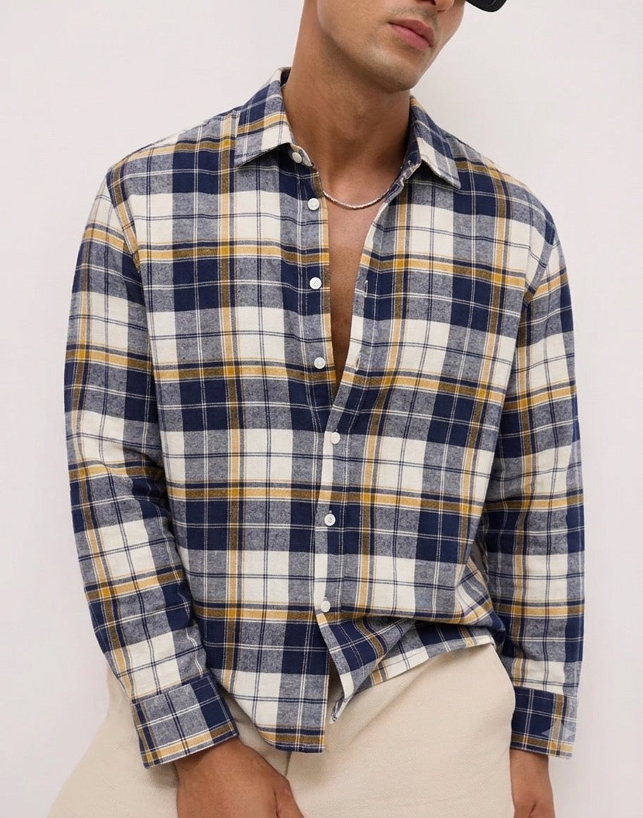 Classic Boxy Fit Flannel Shirt - Navy Gold