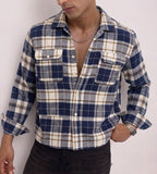 Utility Boxy Fit Flannel Shirt - Navy Beige