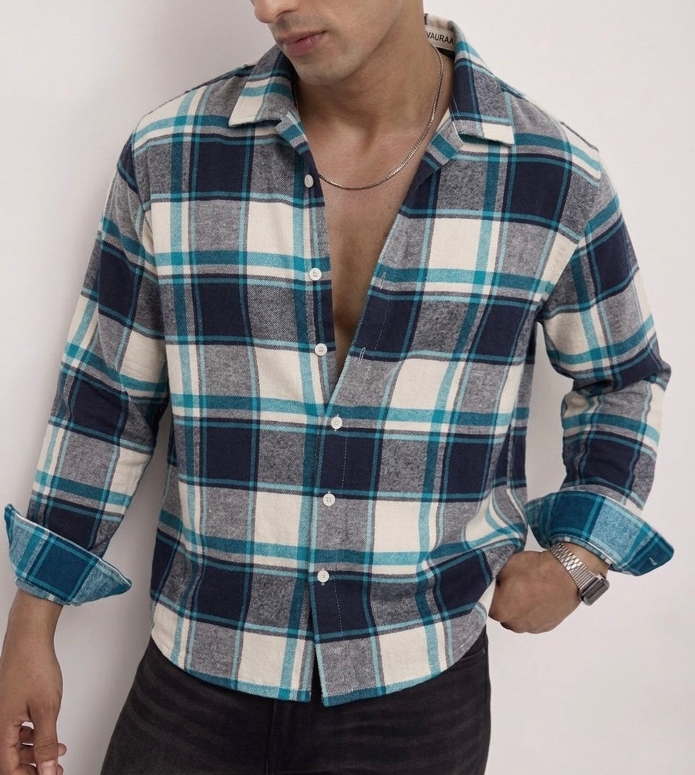 Classic Boxy Fit Flannel Shirt - Teal Navy