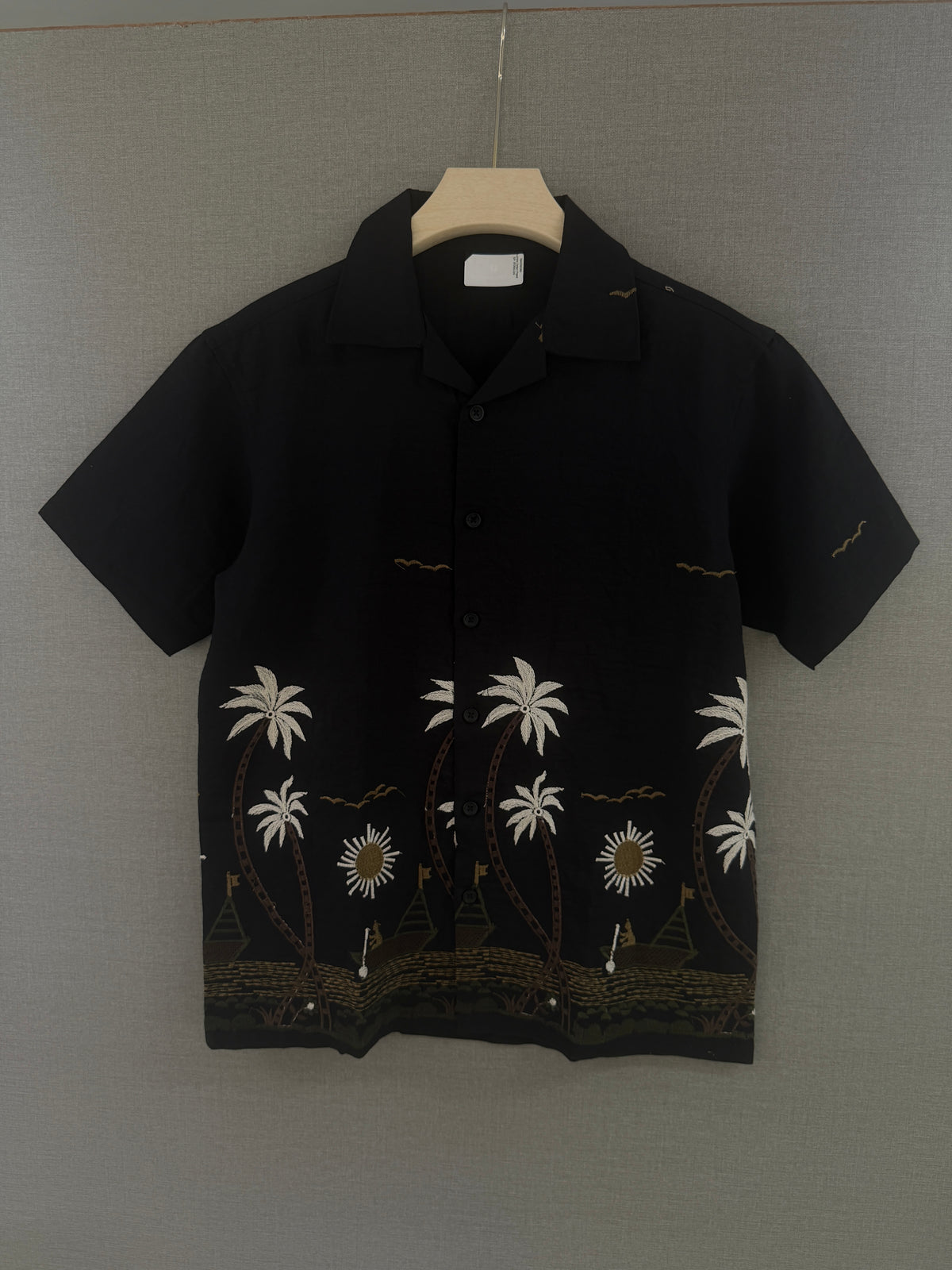 Tropical Embroidered Camp Collar Shirt - Black